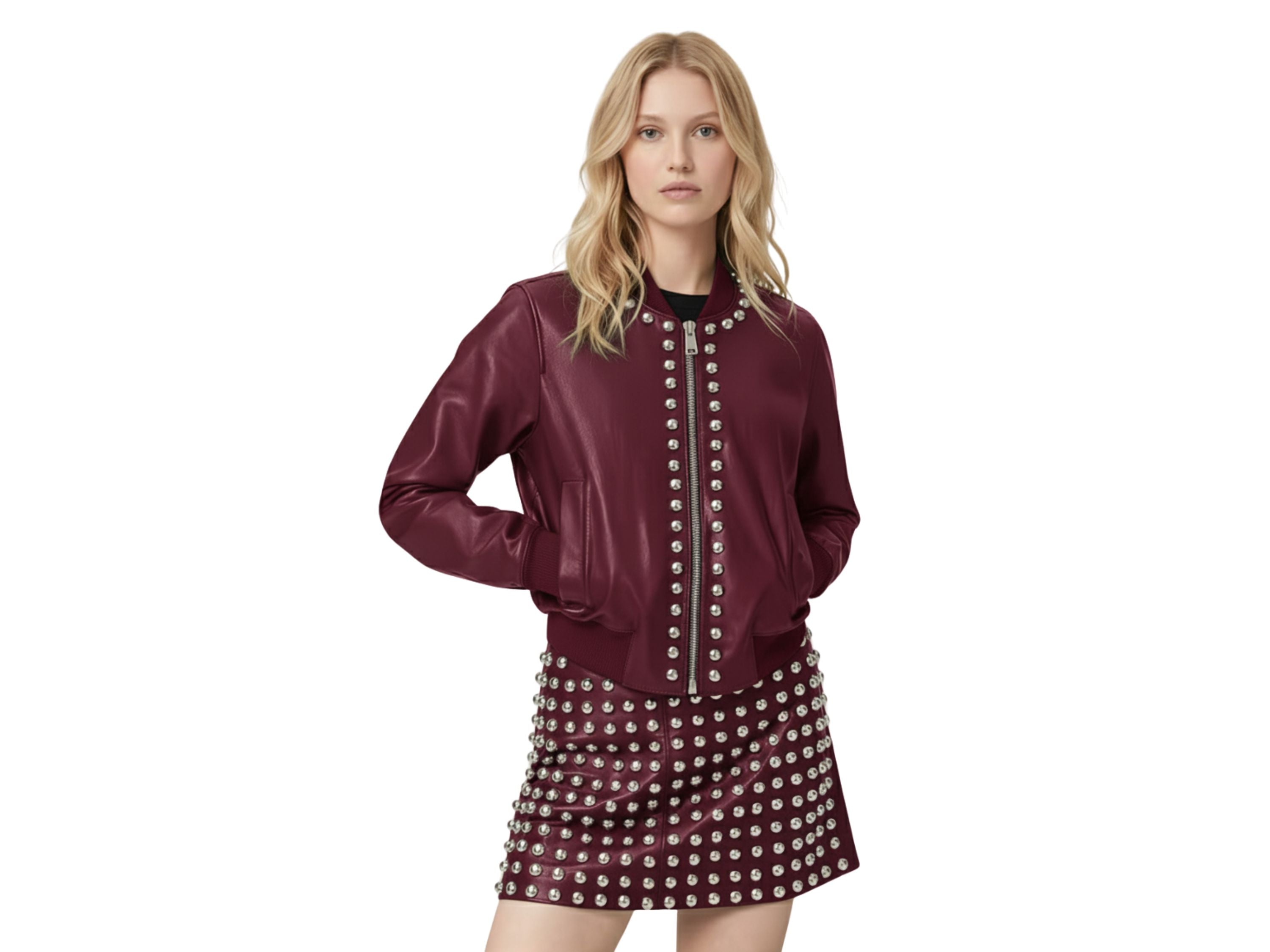 Leather Skirt Silver Studded Style | Black, Red & Burgundy Lambskin Mini Skirt | Women’s Luxury Fall Fashion & Christmas Gift by Eighty Seven Groups