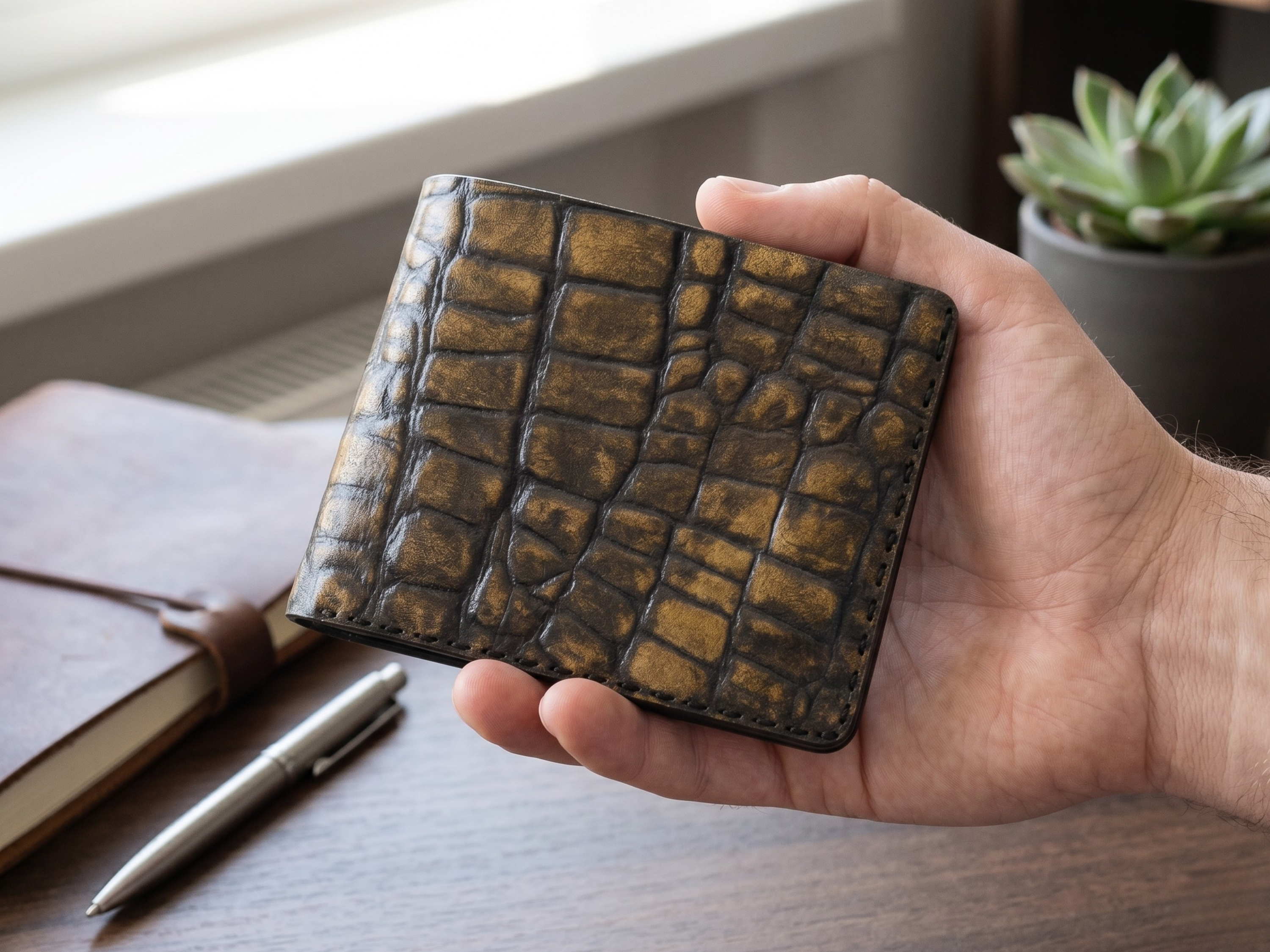 Crocodile leather handmade wallet for mens husband gift bifold slim card holder with key chain engraved wallets anniversary gifts for him