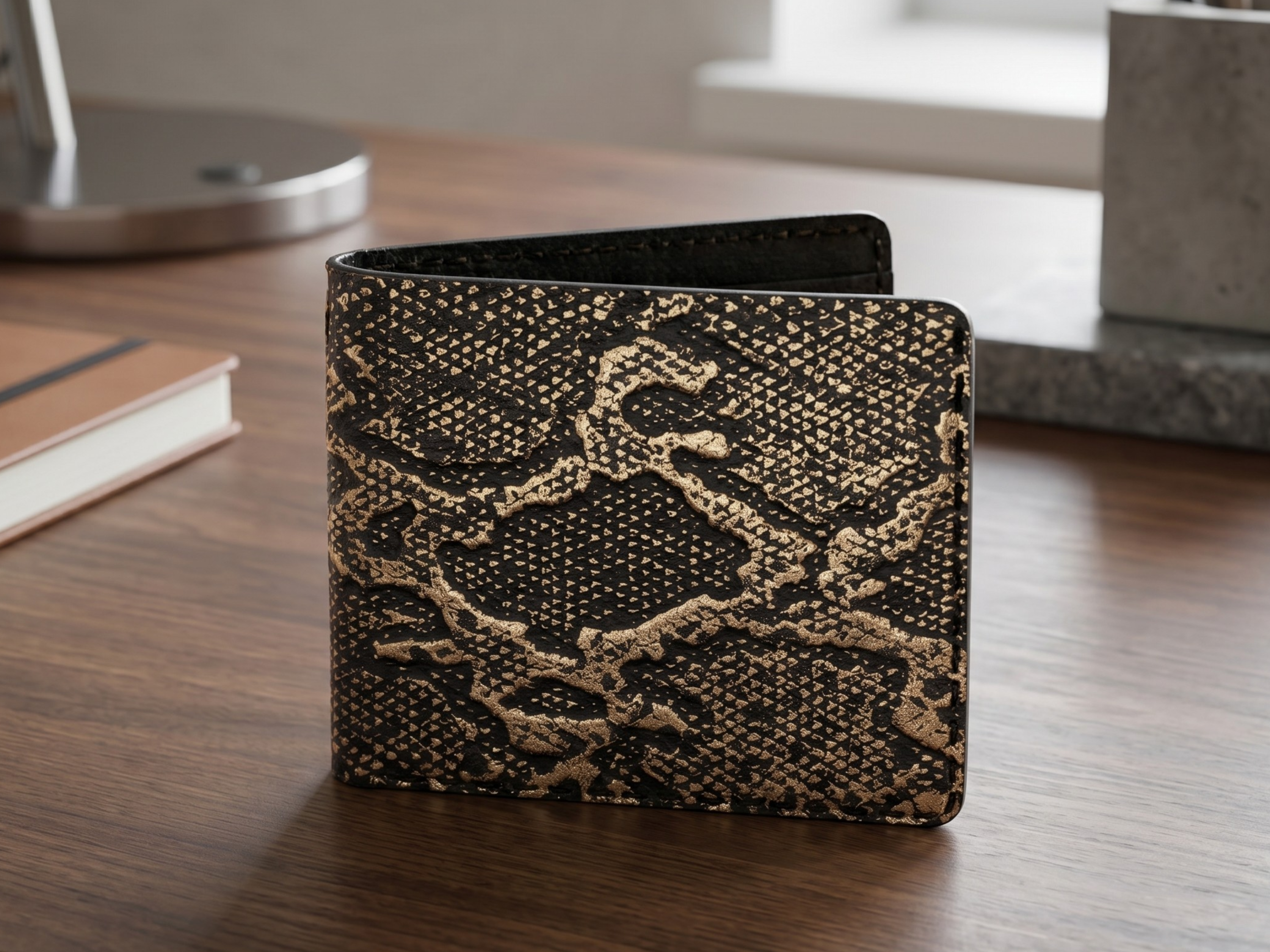 Exotic snake Leather Bifold Wallet for mens slim card holder with matching key chain engraved wallets anniversary gifts for him