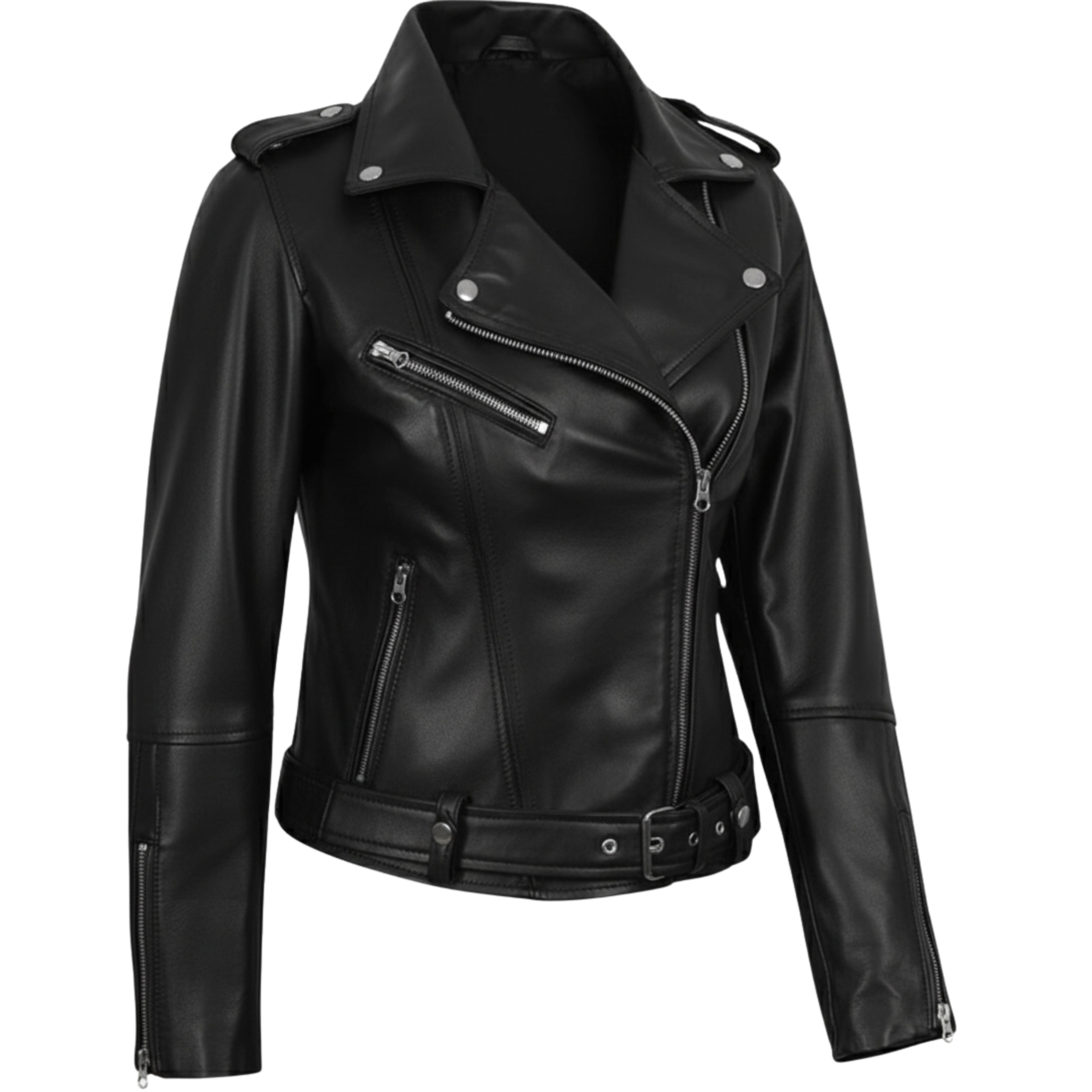 Women’s Black Real Leather Moto Jacket – Belted Asymmetrical Lambskin Biker Style