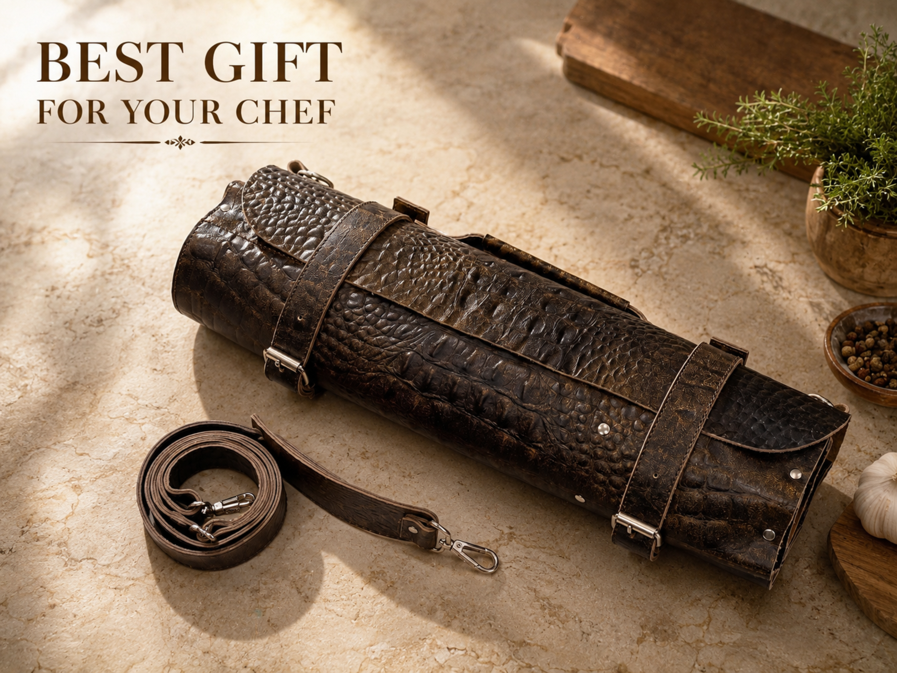 Premium Crocodile Leather Chef Roll – 16-Slot Knife Holder, Portable Cutlery Storage, Travel Kitchen Wrap Bag, Gift for Professional Chefs & Cooking Enthusiasts