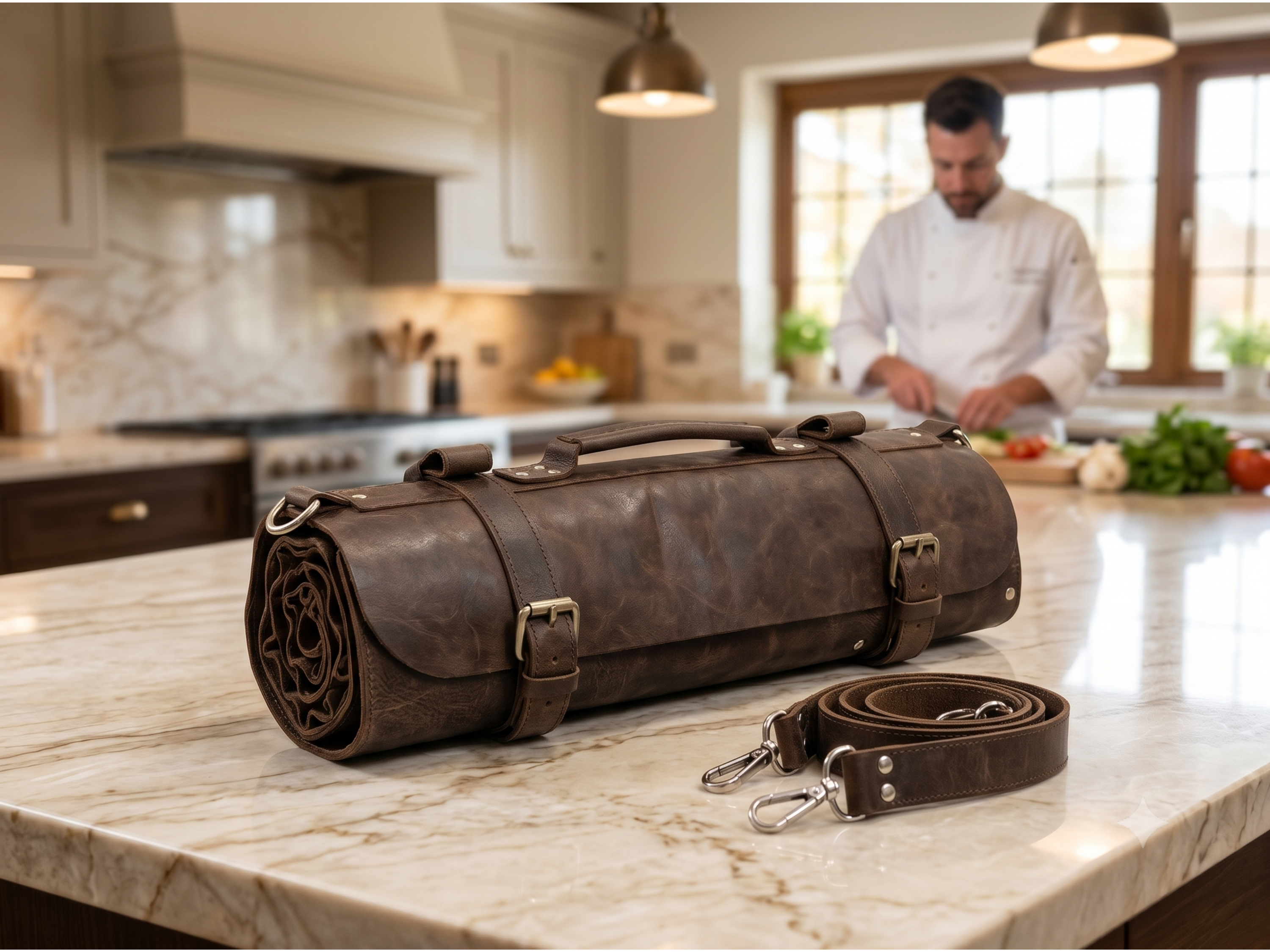 Premium Brown Leather Chef Roll – 16-Slot Knife Holder, Portable Cutlery Storage, Travel Kitchen Wrap Bag, Gift for Professional Chefs & Culinary Enthusiasts (Copy) (Copy)