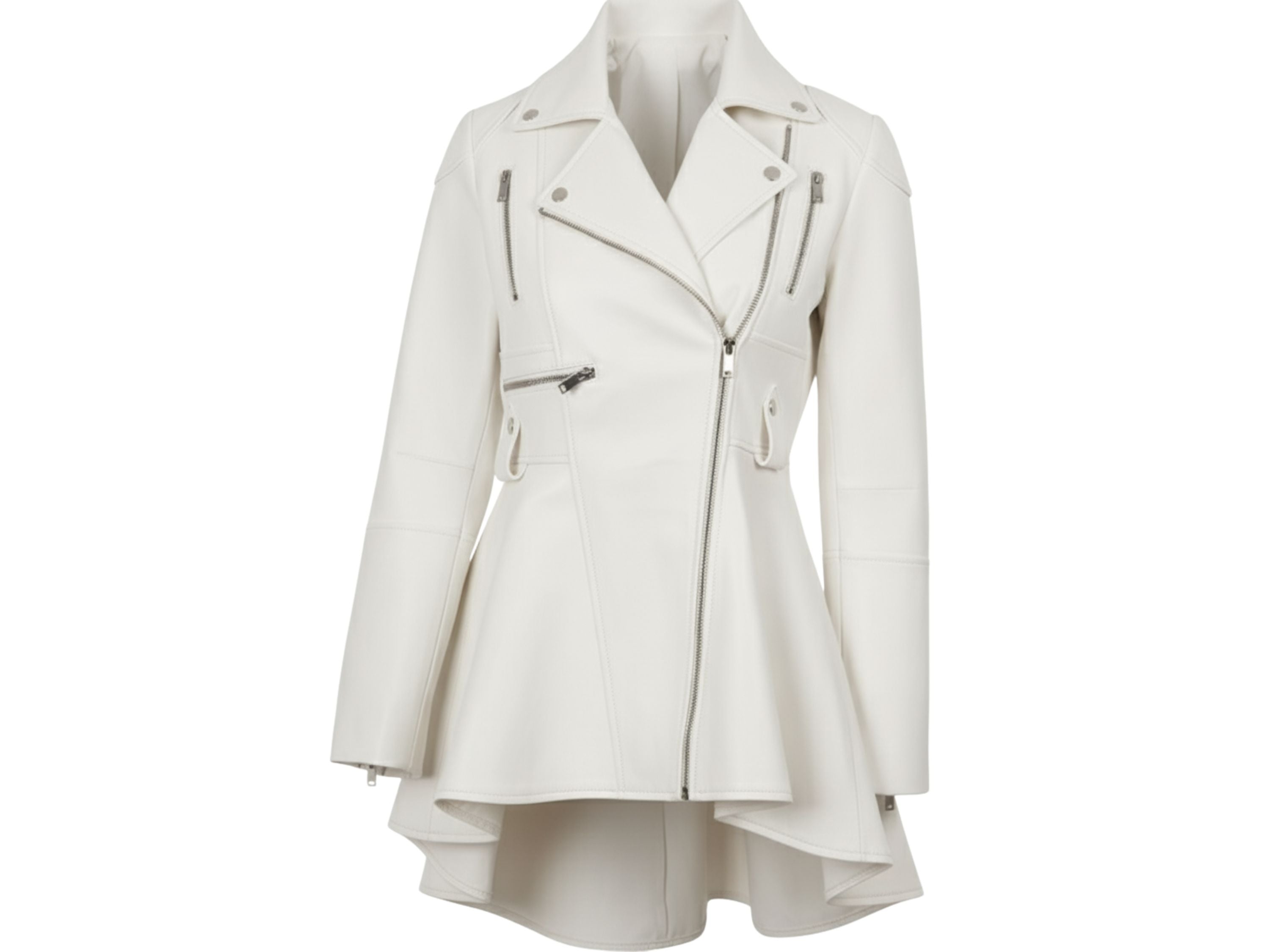 Women’s Real Lambskin Leather Peplum Jacket – White Frock Style, Asymmetrical Zip
