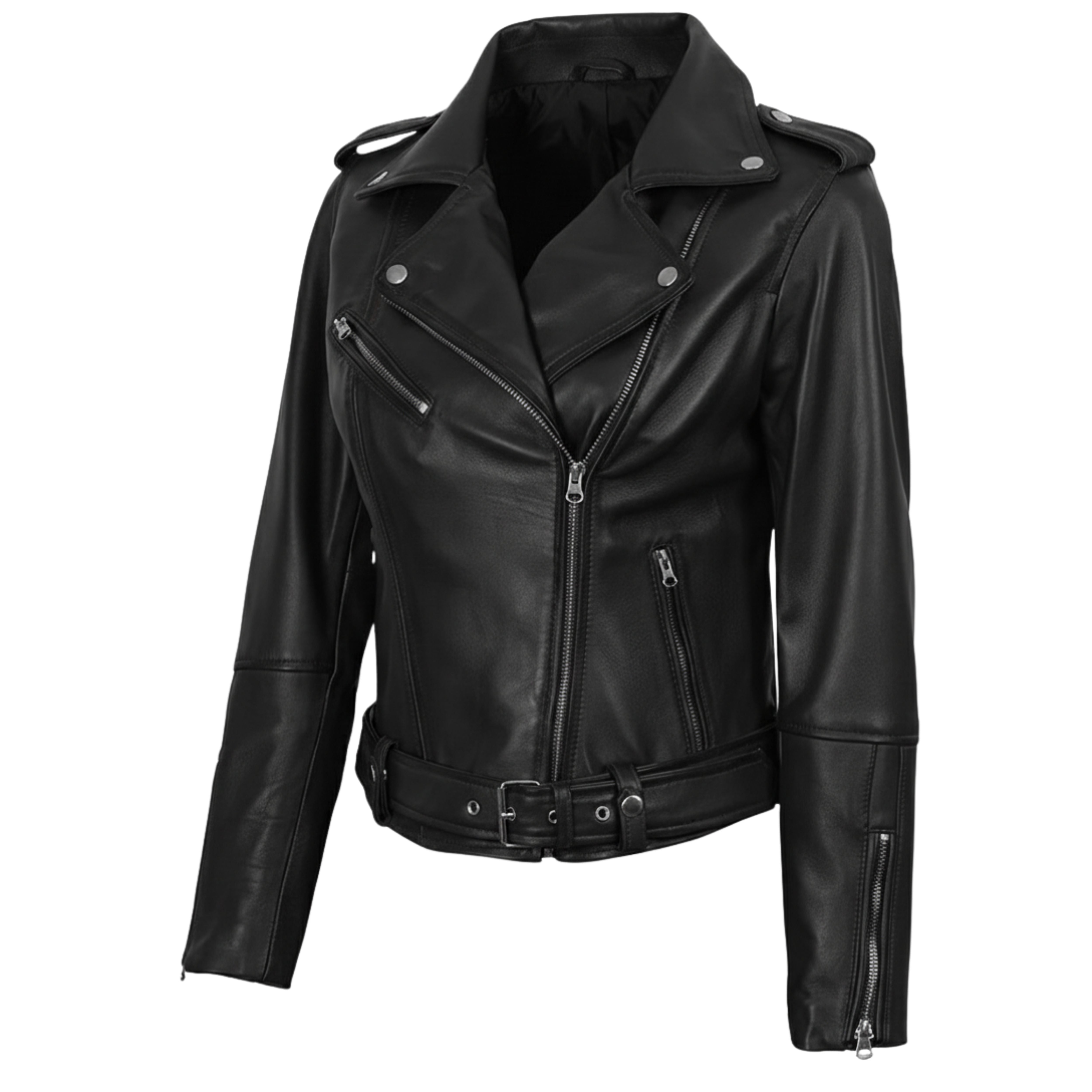 Women’s Black Real Leather Moto Jacket – Belted Asymmetrical Lambskin Biker Style