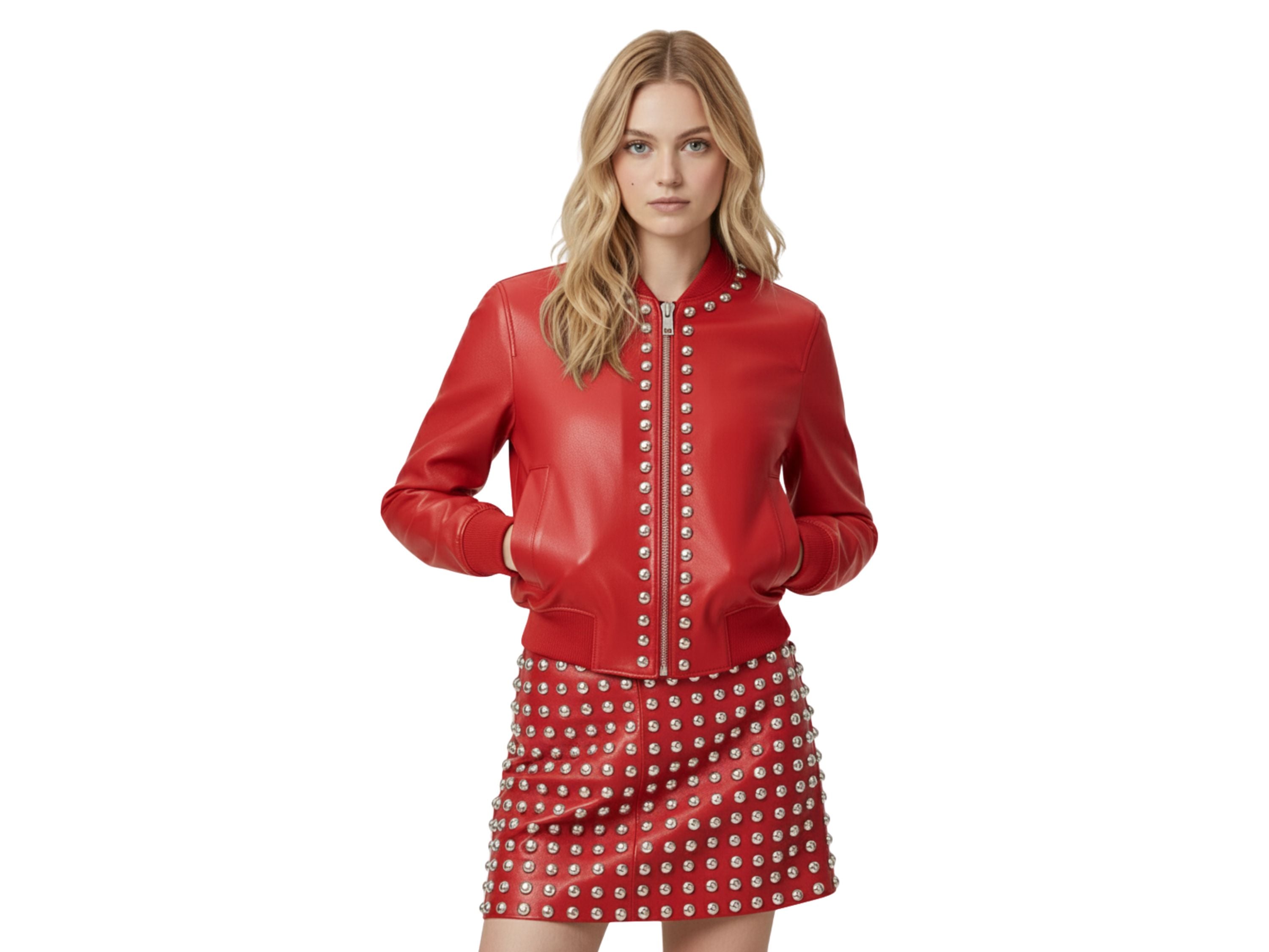 Leather Bomber Jacket for Women – Silver Studded Red, Black & Burgundy Jackets | Luxury Winter Outfit & Boss Lady Gift by Eighty Seven Groups
