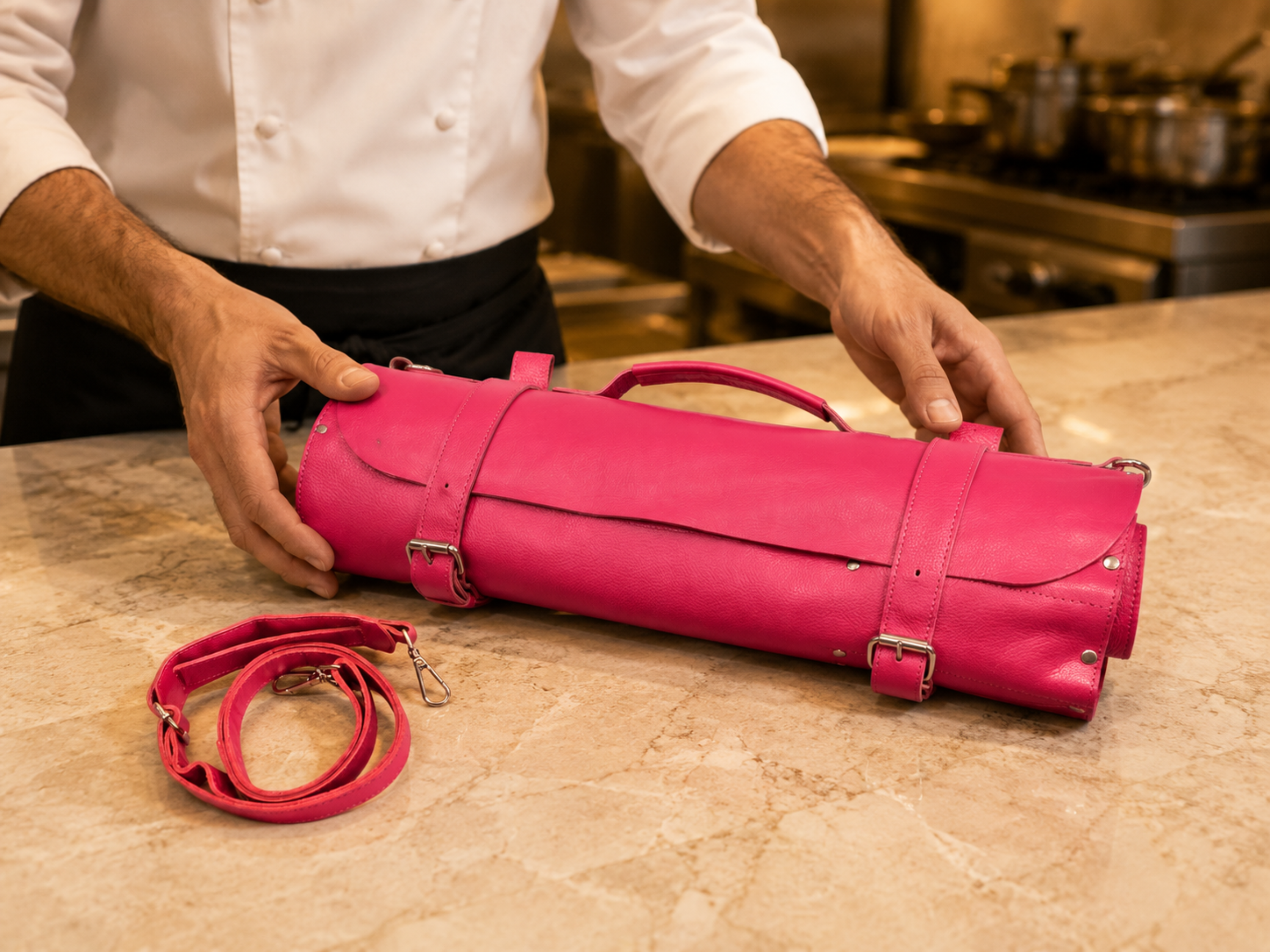 Premium Pink Leather Chef Roll – 16-Slot Knife Holder, Portable Cutlery Storage, Travel Kitchen Wrap Bag, Gift for Professional Chefs & Cooking Enthusiasts