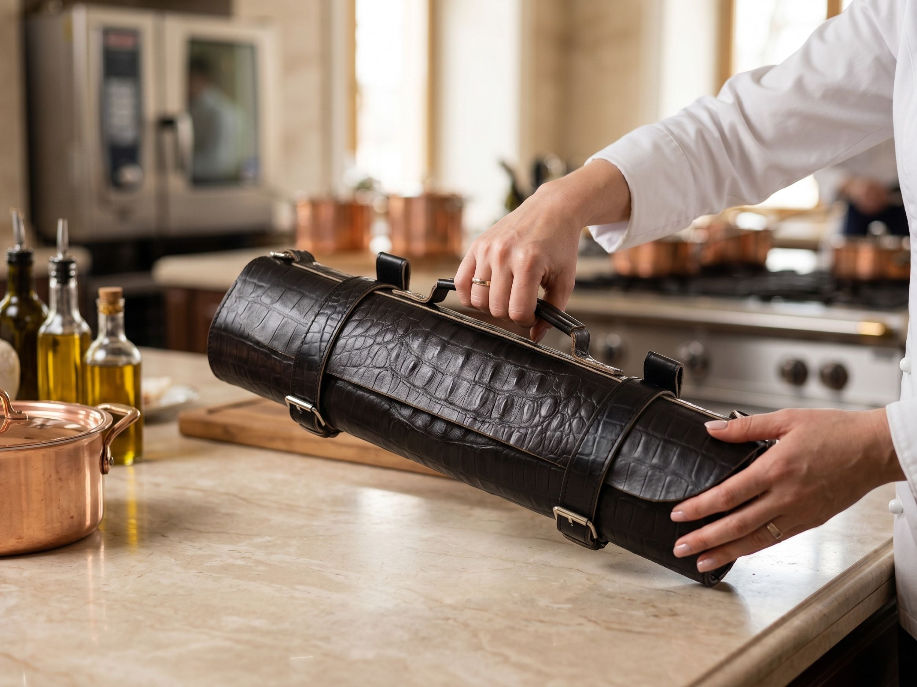 Crocodile real leather knife roll 16 slots of portable cutlery knives bag roll with long stripes kitchen accessories graduation gifts