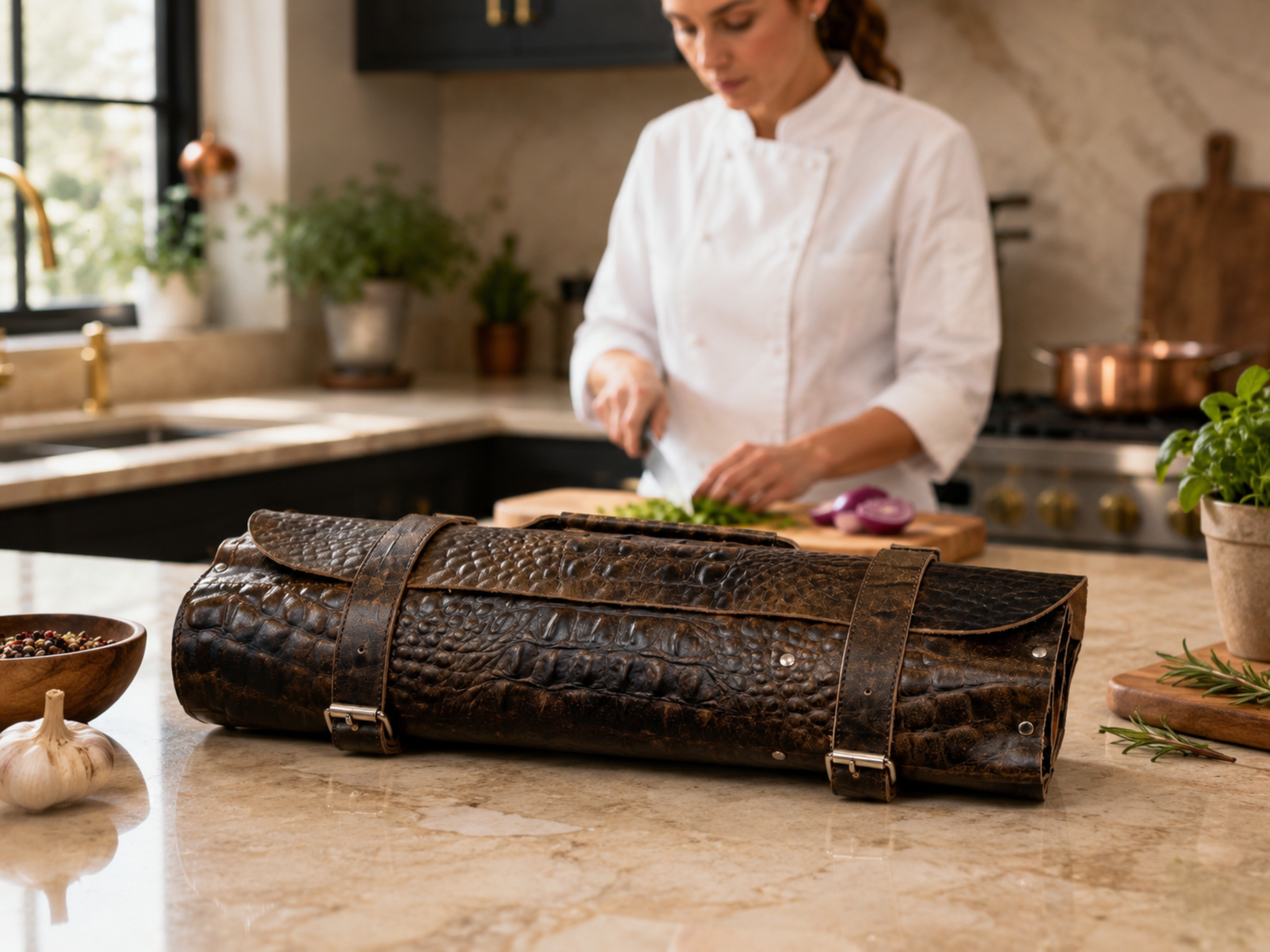 Premium Crocodile Leather Chef Roll – 16-Slot Knife Holder, Portable Cutlery Storage, Travel Kitchen Wrap Bag, Gift for Professional Chefs & Cooking Enthusiasts