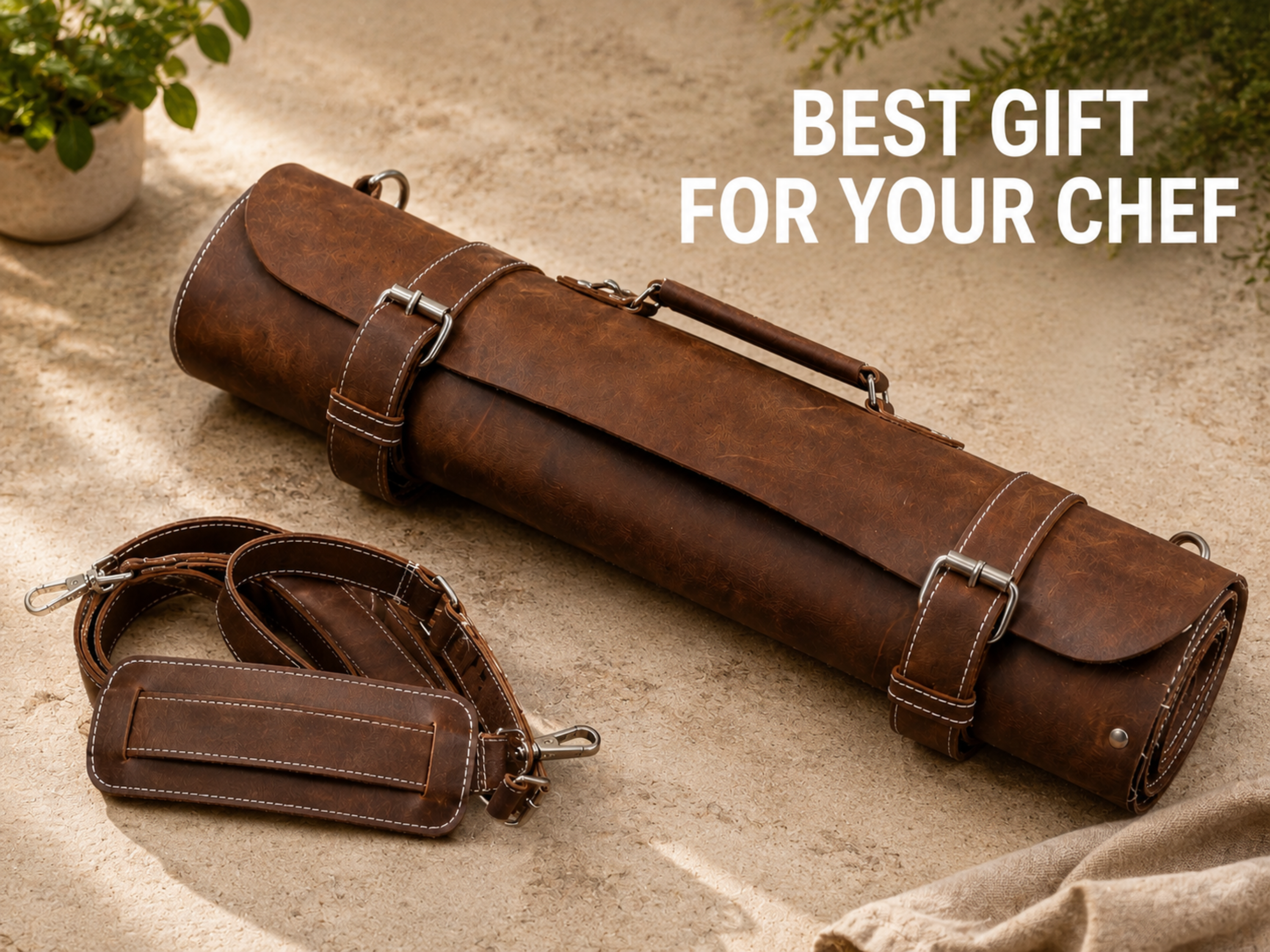 Premium  Brown Leather Chef Roll – 16-Slot Knife Holder, Portable Cutlery Storage, Travel Kitchen Wrap Bag, Gift for Professional Chefs & Culinary Enthusiasts