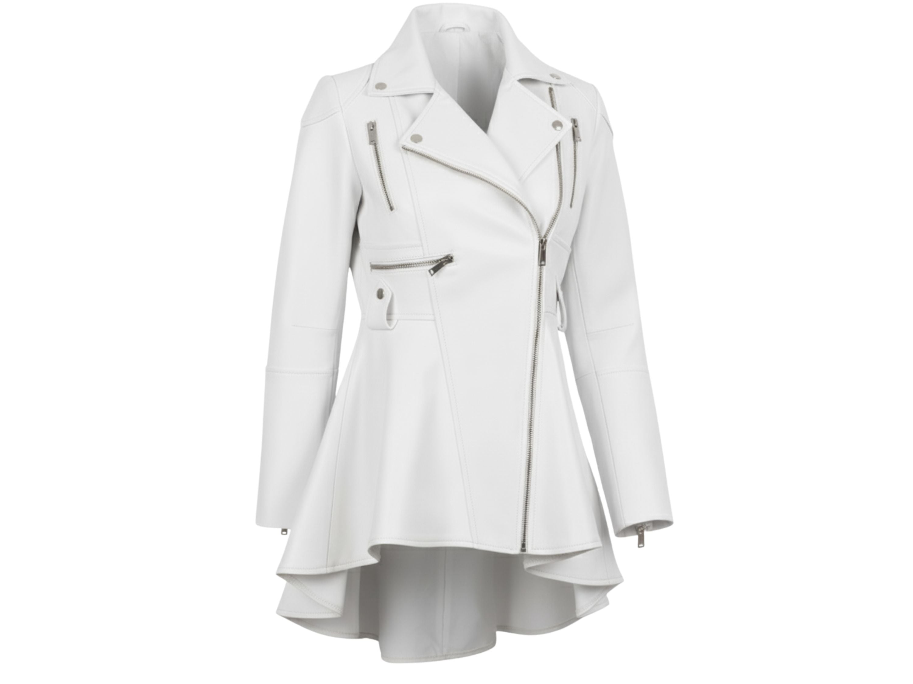Women’s Real Lambskin Leather Peplum Jacket – White Frock Style, Asymmetrical Zip