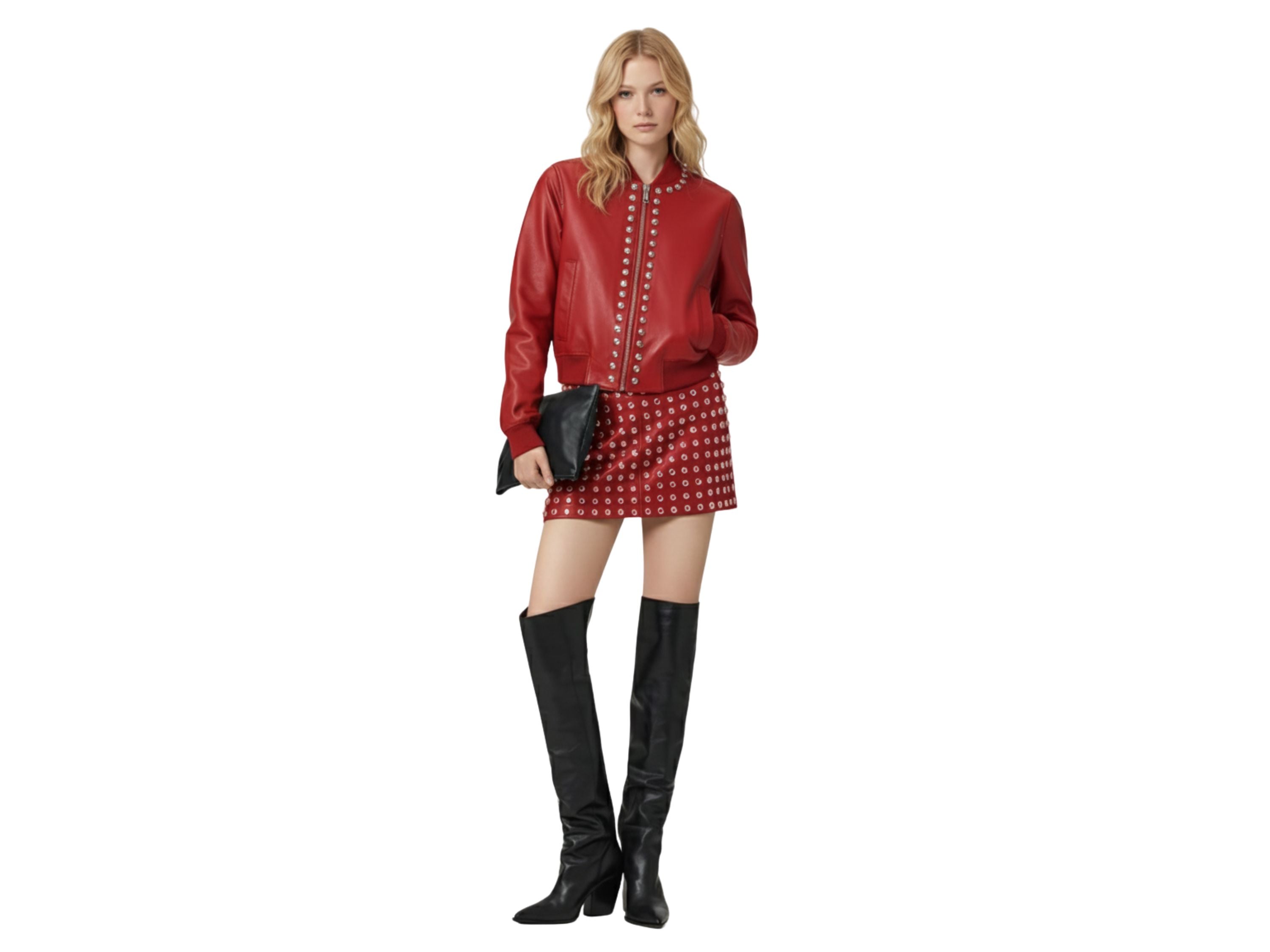 Leather Bomber Jacket for Women – Silver Studded Red, Black & Burgundy Jackets | Luxury Winter Outfit & Boss Lady Gift by Eighty Seven Groups