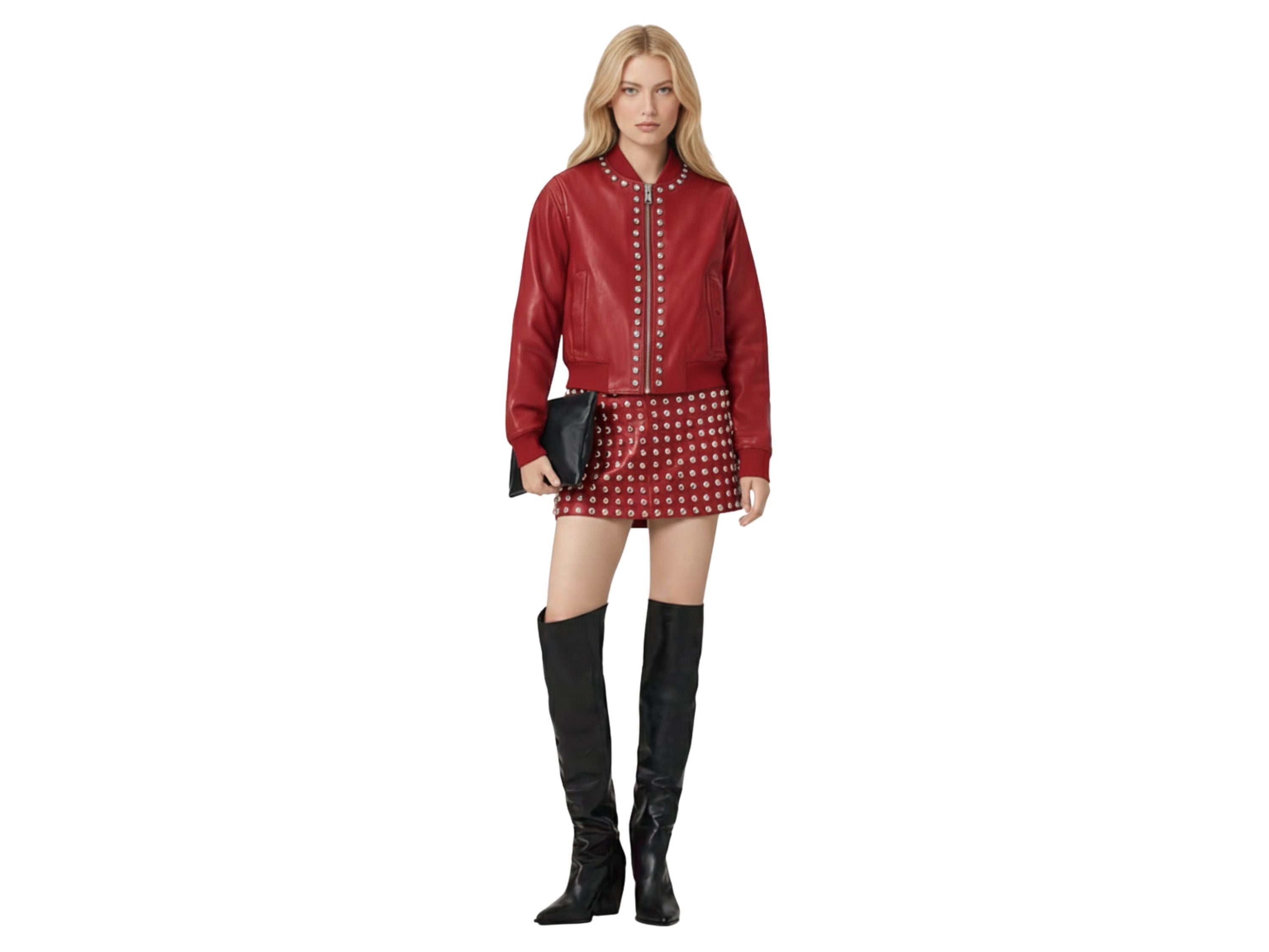 Leather Skirt Silver Studded Style | Black, Red & Burgundy Lambskin Mini Skirt | Women’s Luxury Fall Fashion & Christmas Gift by Eighty Seven Groups