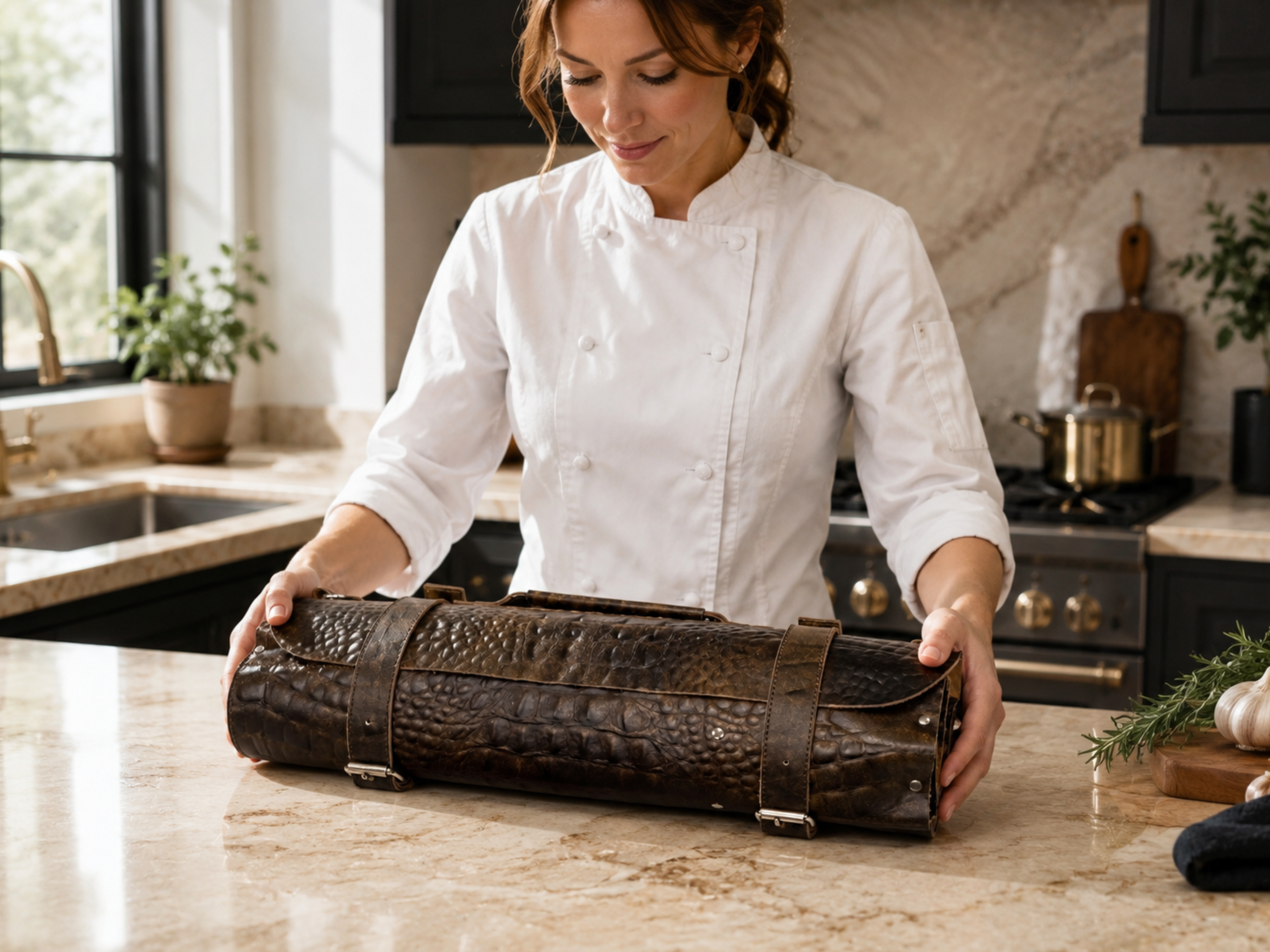 Premium Crocodile Leather Chef Roll – 16-Slot Knife Holder, Portable Cutlery Storage, Travel Kitchen Wrap Bag, Gift for Professional Chefs & Cooking Enthusiasts