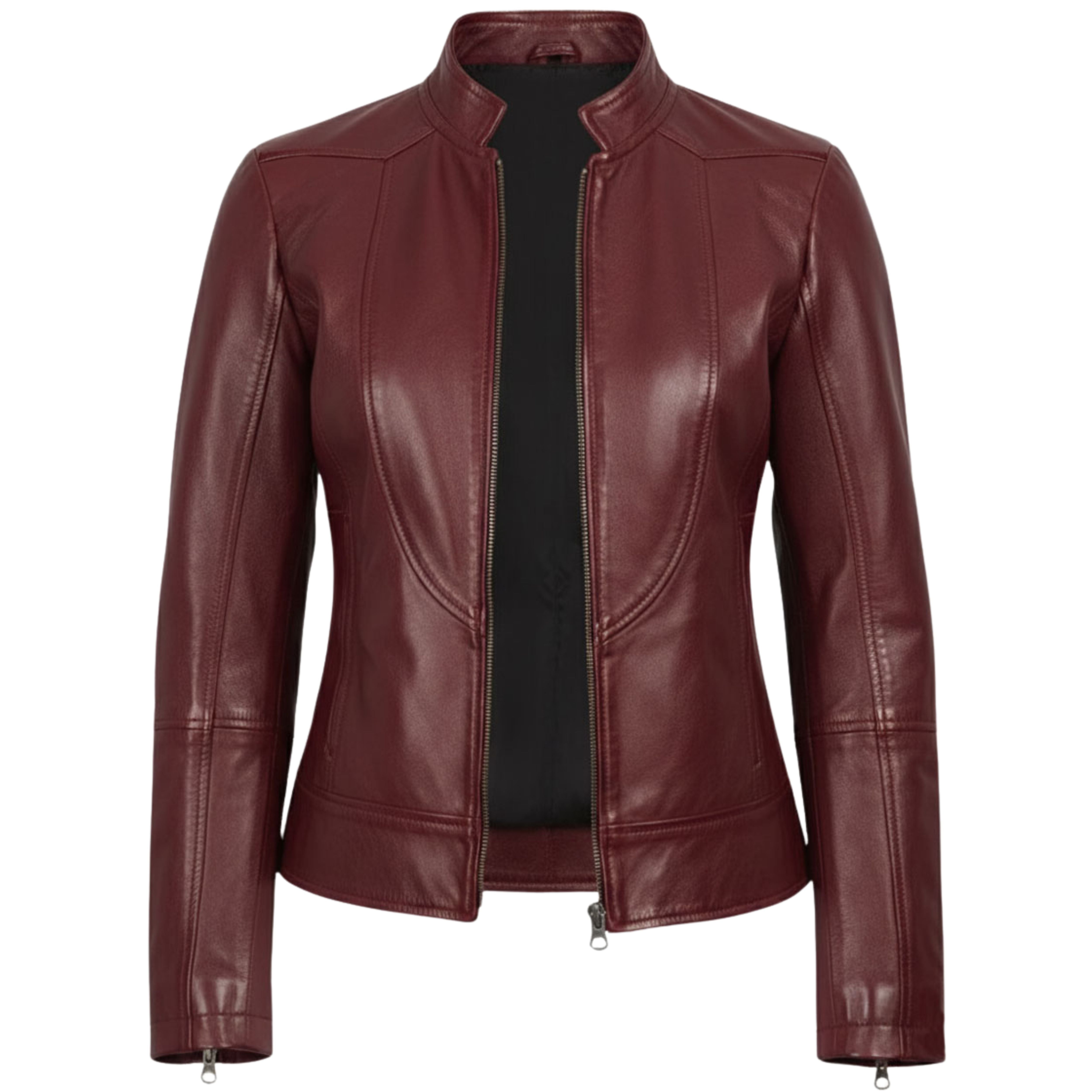 Women's Burgundy Waxed Slim Fit Biker Style Leather Jacket