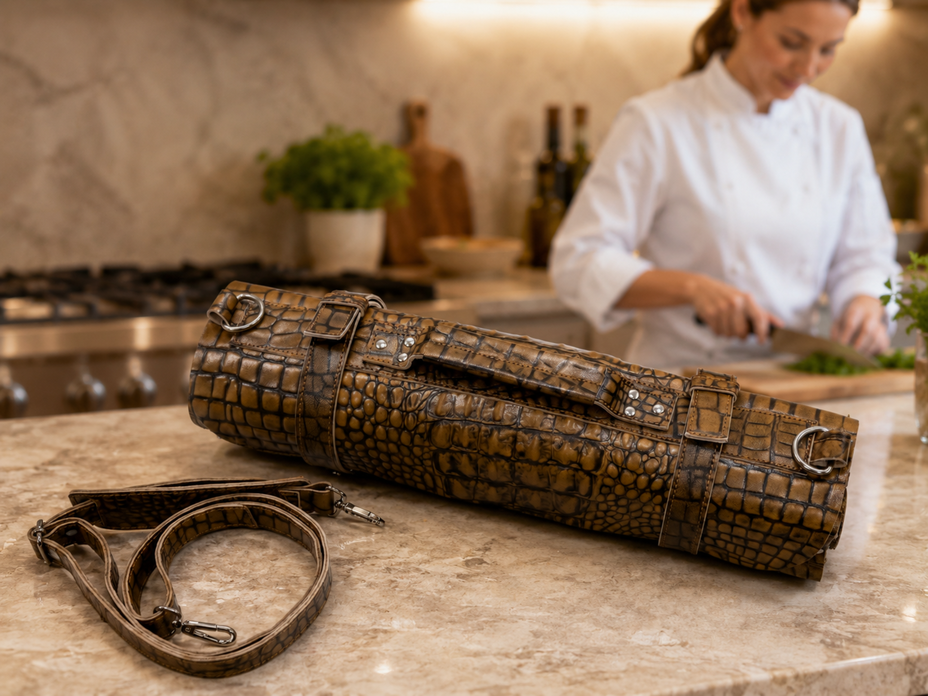 Crocodile genuine leather chef knife roll 16 slots of portable cutlery knives roll wrap holder knife travel and storage bag gifts for chef