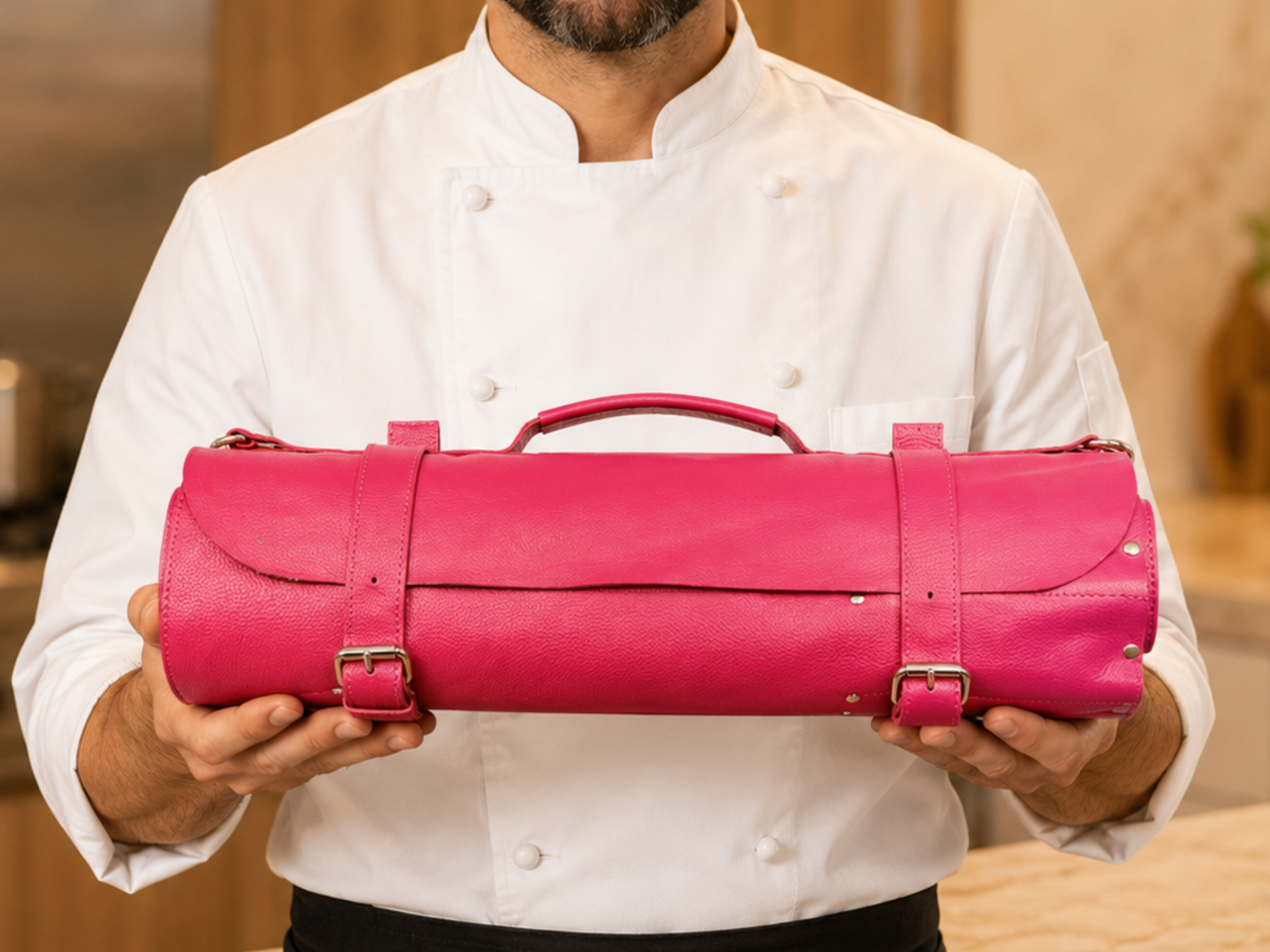 Premium Pink Leather Chef Roll – 16-Slot Knife Holder, Portable Cutlery Storage, Travel Kitchen Wrap Bag, Gift for Professional Chefs & Cooking Enthusiasts