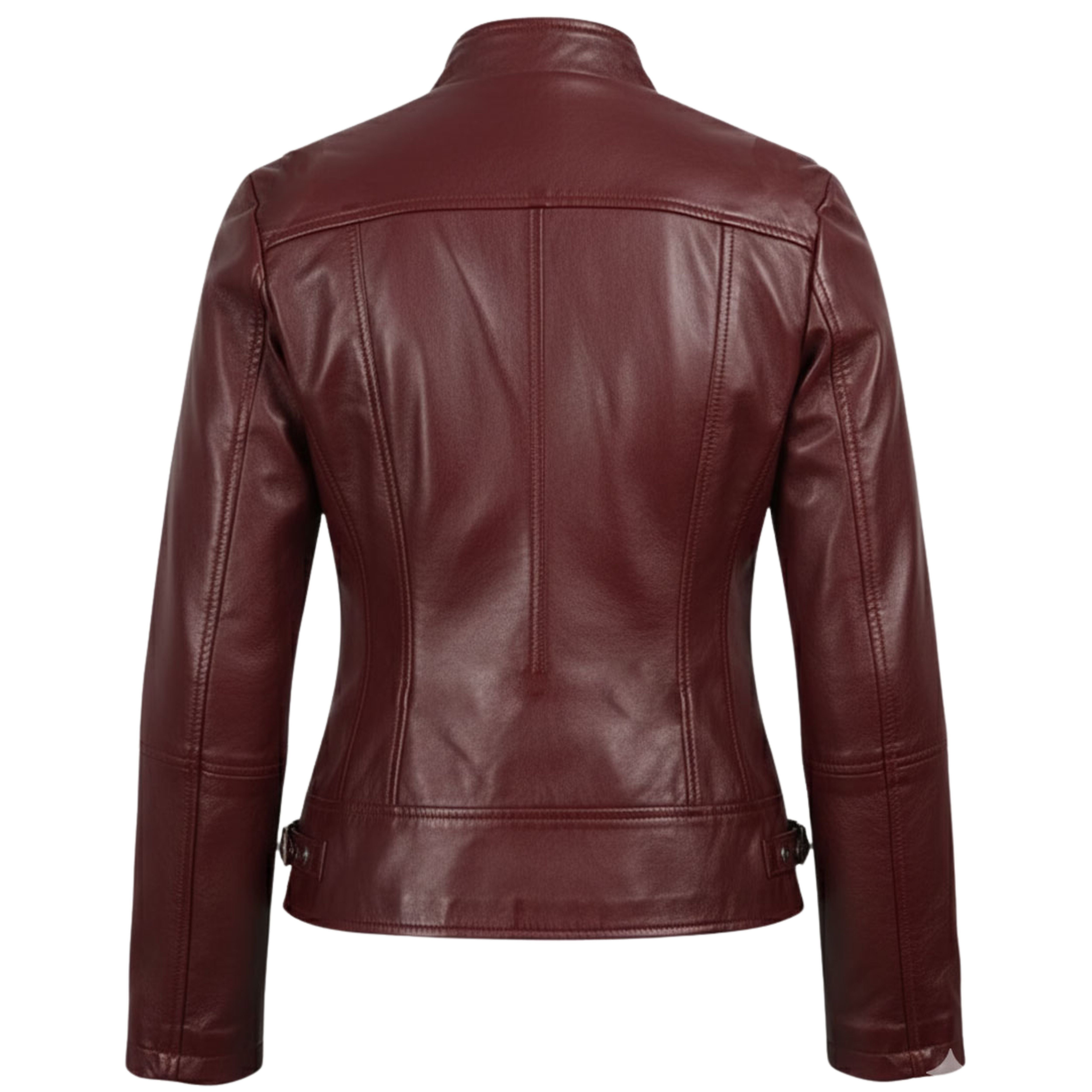Women's Burgundy Waxed Slim Fit Biker Style Leather Jacket