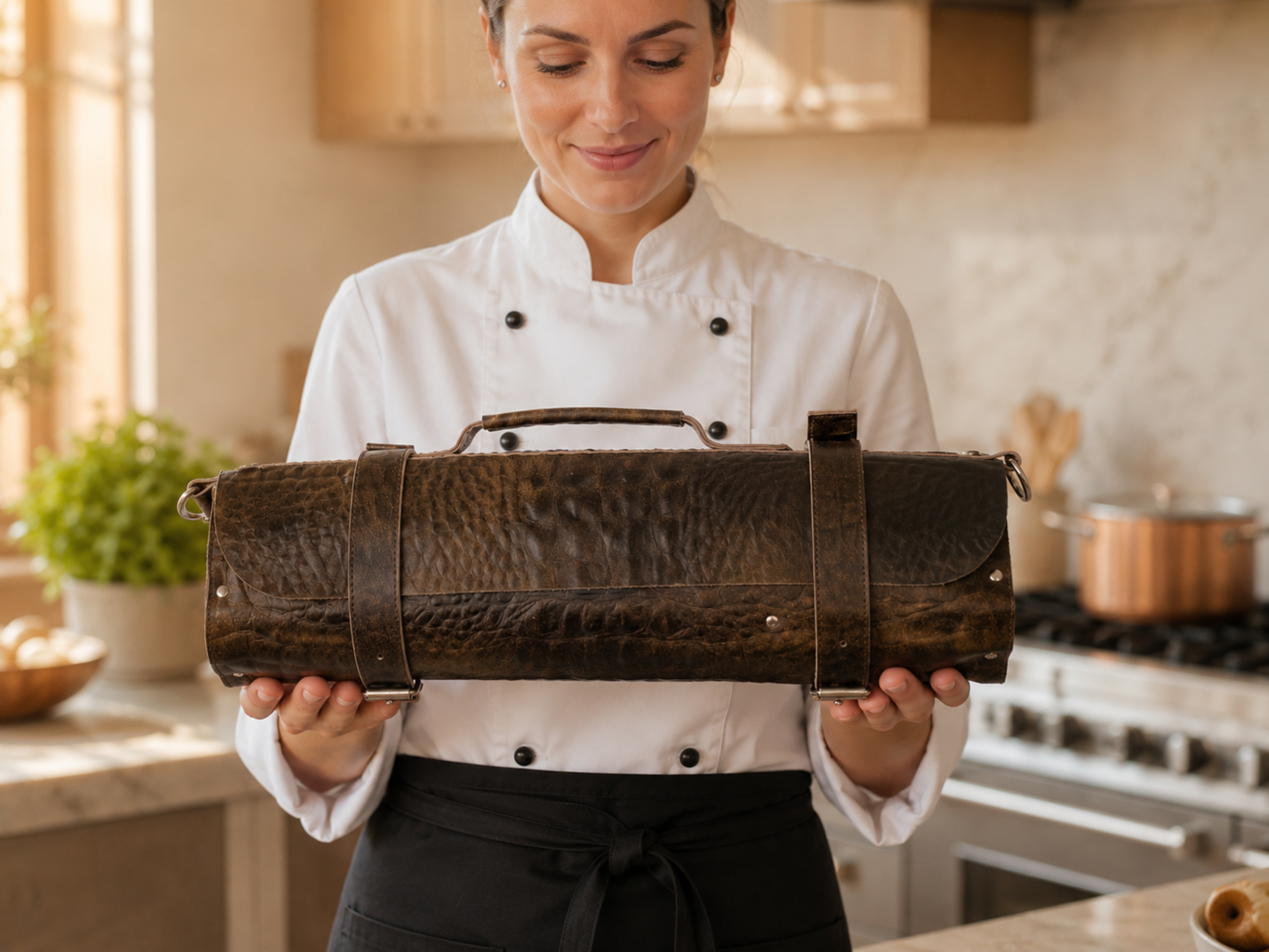 Premium Crocodile Leather Chef Roll – 16-Slot Knife Holder, Portable Cutlery Storage, Travel Kitchen Wrap Bag, Gift for Professional Chefs & Cooking Enthusiasts