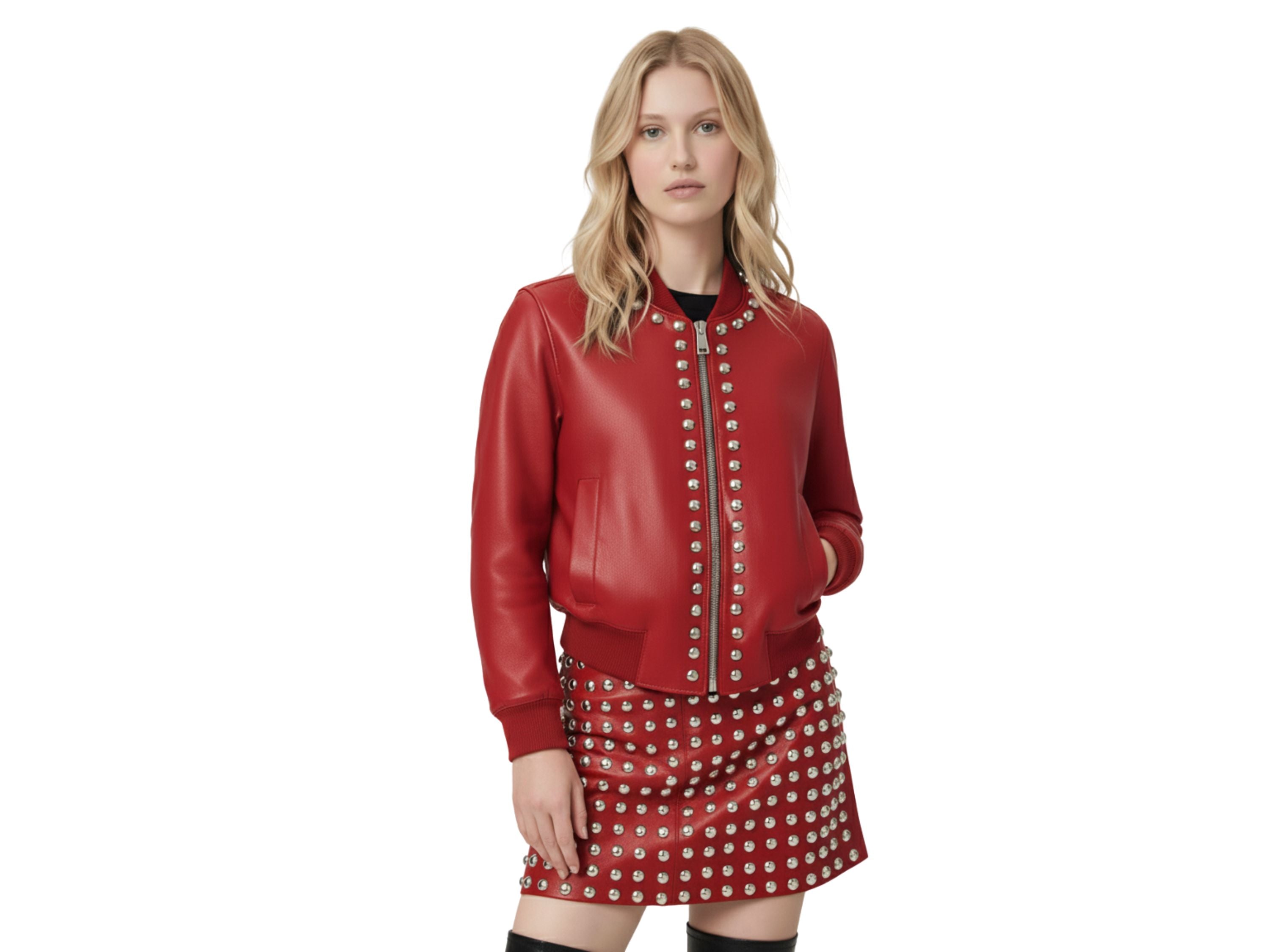 Leather Skirt Silver Studded Style | Black, Red & Burgundy Lambskin Mini Skirt | Women’s Luxury Fall Fashion & Christmas Gift by Eighty Seven Groups