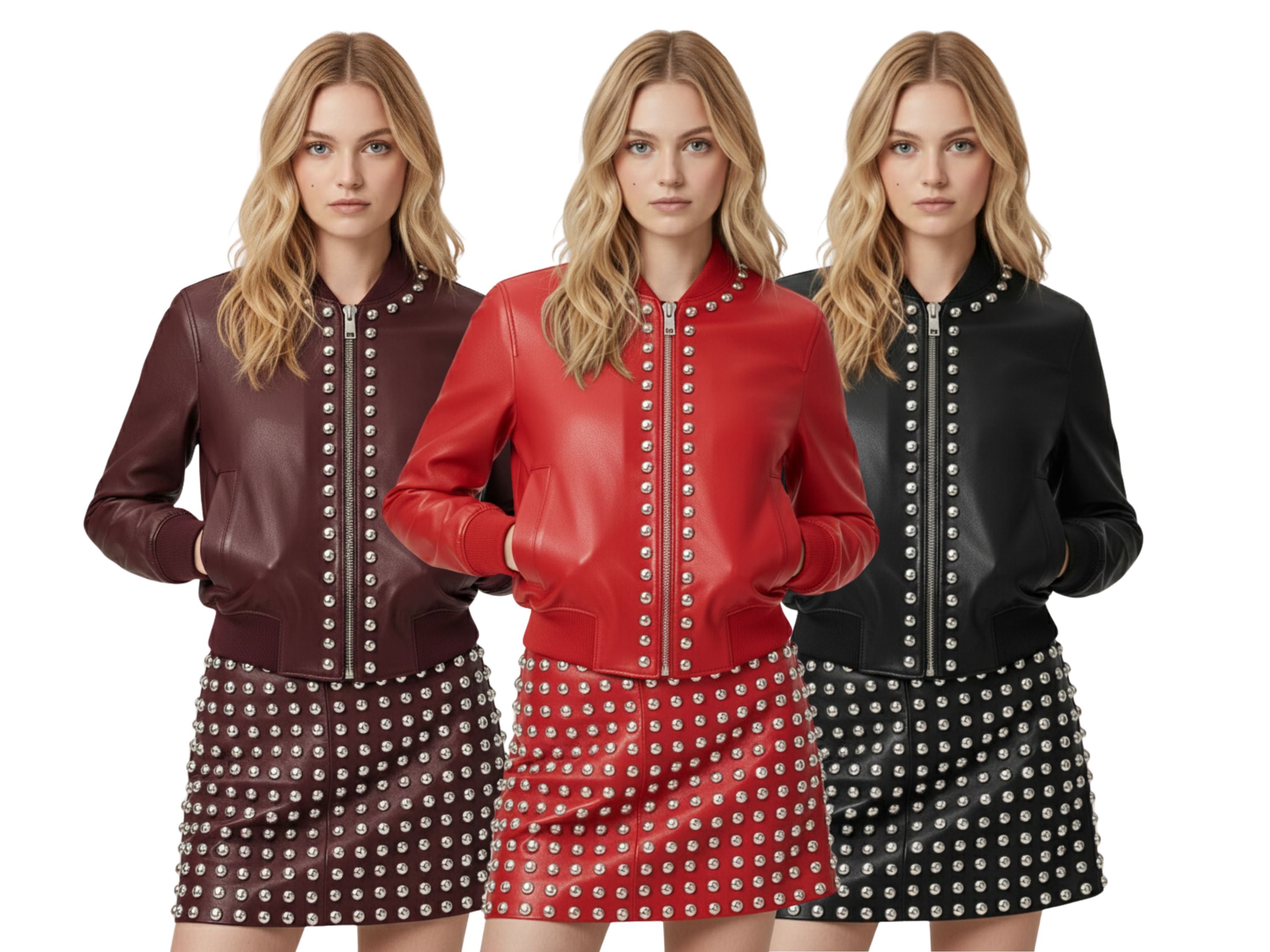 Leather Bomber Jacket for Women – Silver Studded Red, Black & Burgundy Jackets | Luxury Winter Outfit & Boss Lady Gift by Eighty Seven Groups