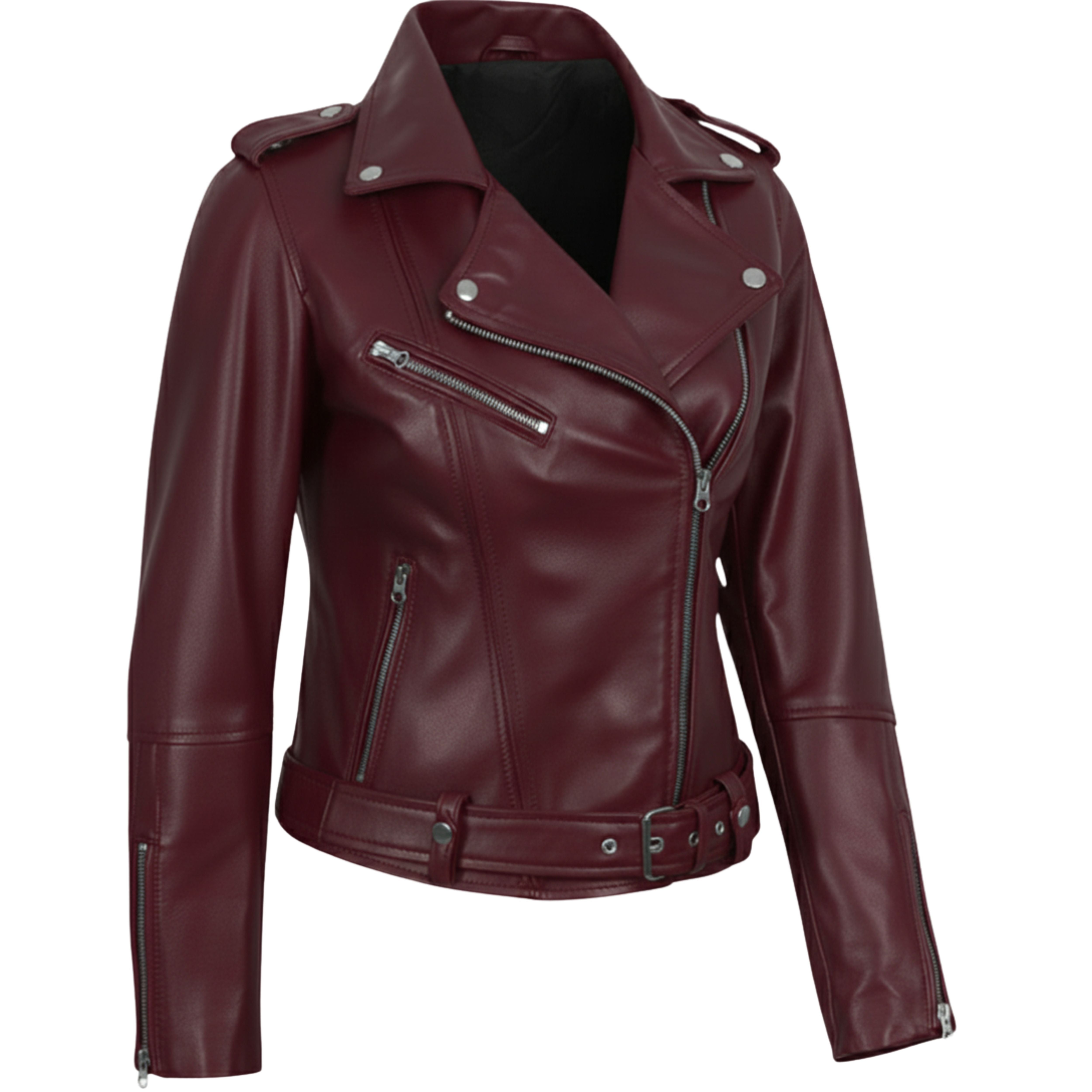 Women’s Burgundy Lambskin Leather Biker Jacket – Belted Moto Style, Asymmetrical Zipper
