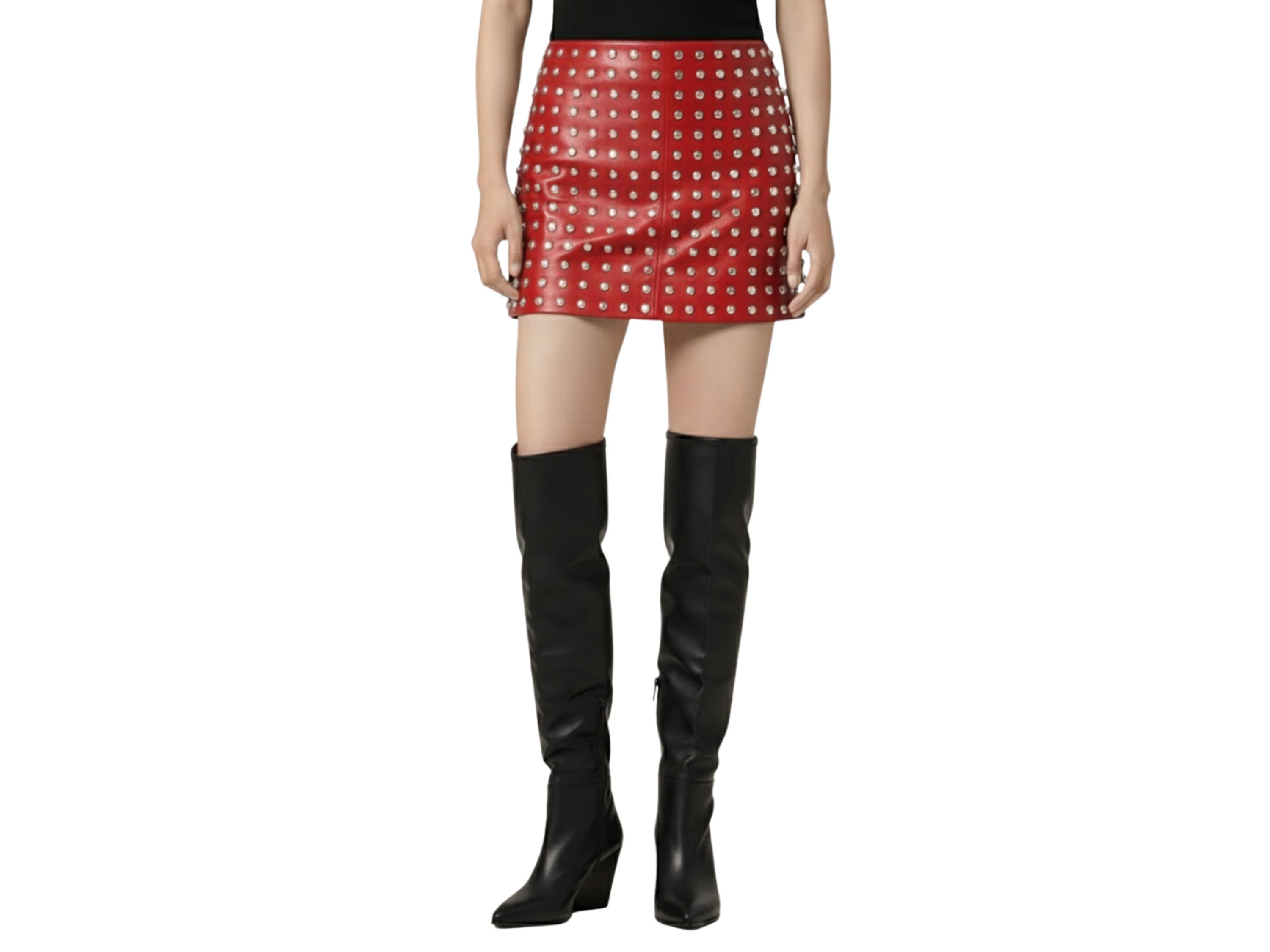 Leather Skirt Silver Studded Style | Black, Red & Burgundy Lambskin Mini Skirt | Women’s Luxury Fall Fashion & Christmas Gift by Eighty Seven Groups