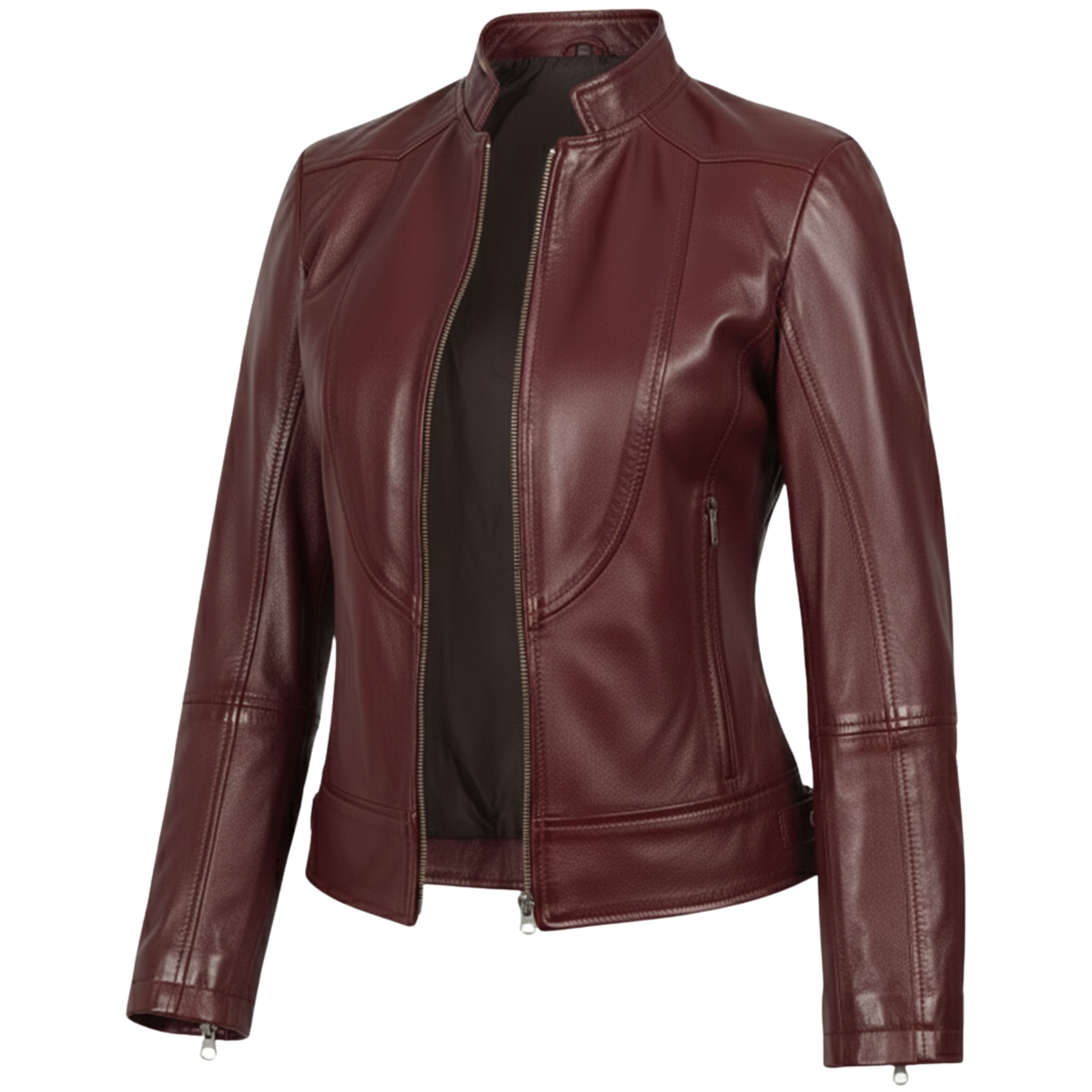 Women's Burgundy Waxed Slim Fit Biker Style Leather Jacket