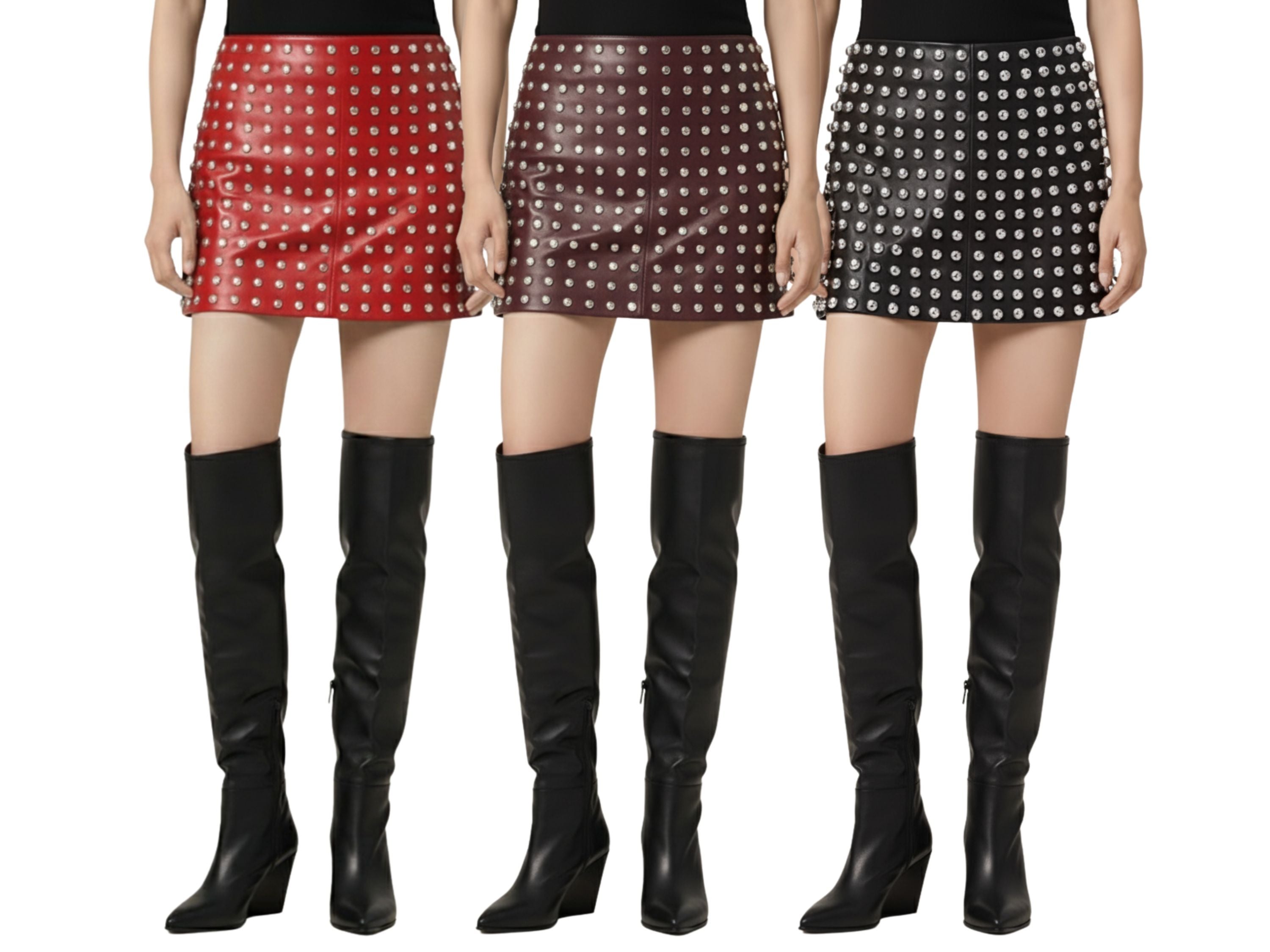 Leather Skirt Silver Studded Style | Black, Red & Burgundy Lambskin Mini Skirt | Women’s Luxury Fall Fashion & Christmas Gift by Eighty Seven Groups
