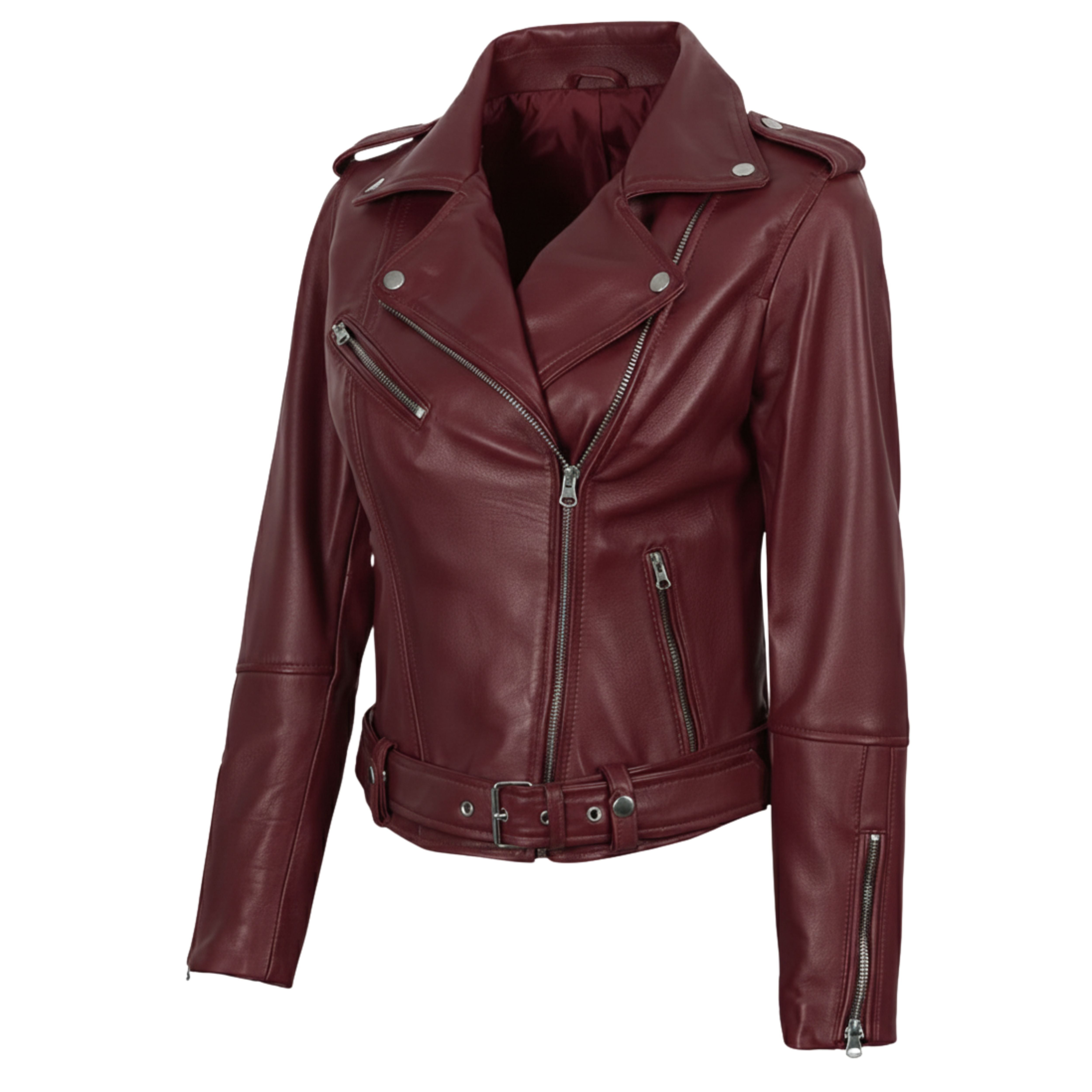 Women’s Burgundy Lambskin Leather Biker Jacket – Belted Moto Style, Asymmetrical Zipper
