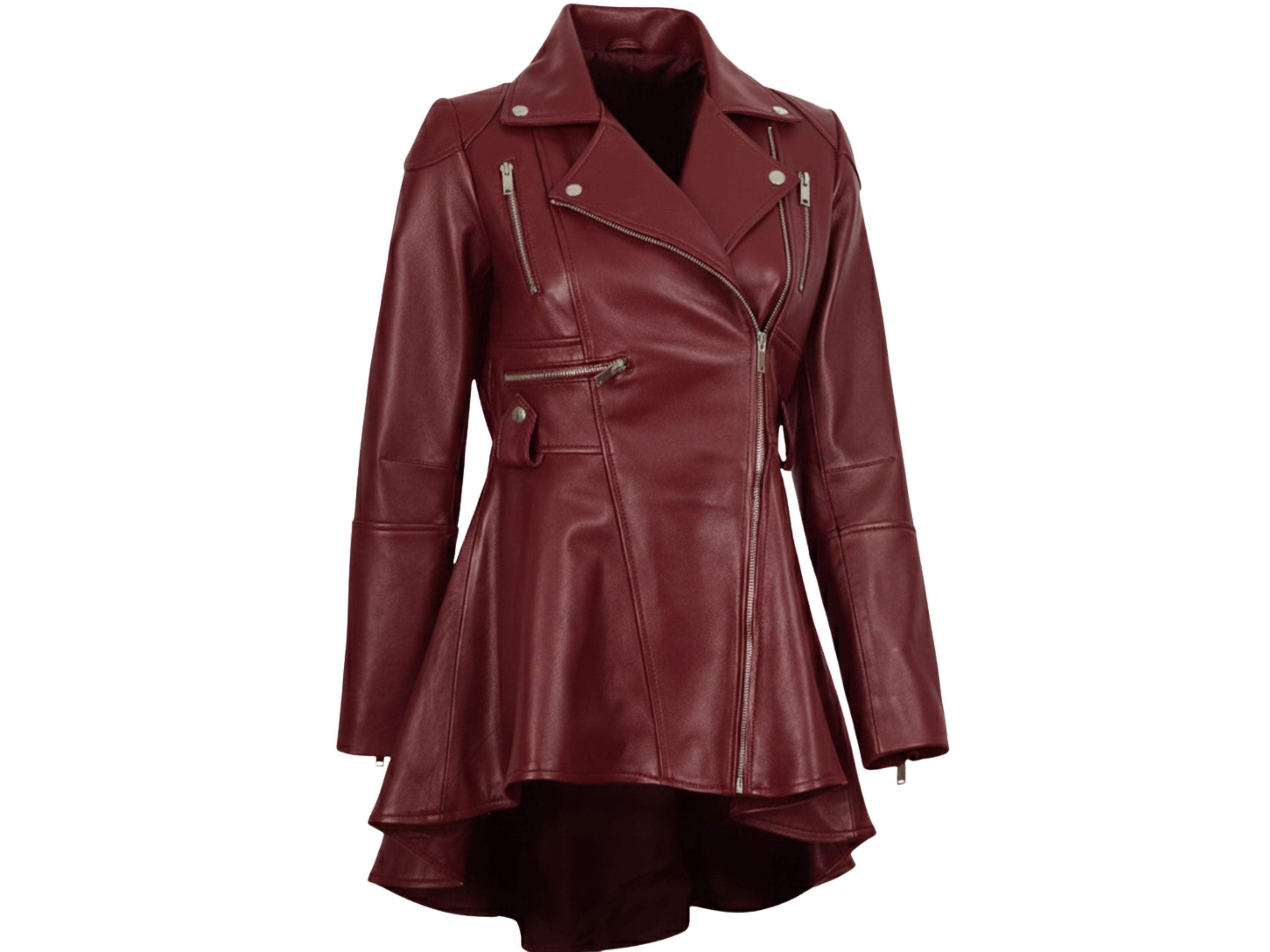 Women’s Real Lambskin Leather Peplum Jacket – Red Wine Frock Style, Asymmetrical Zip