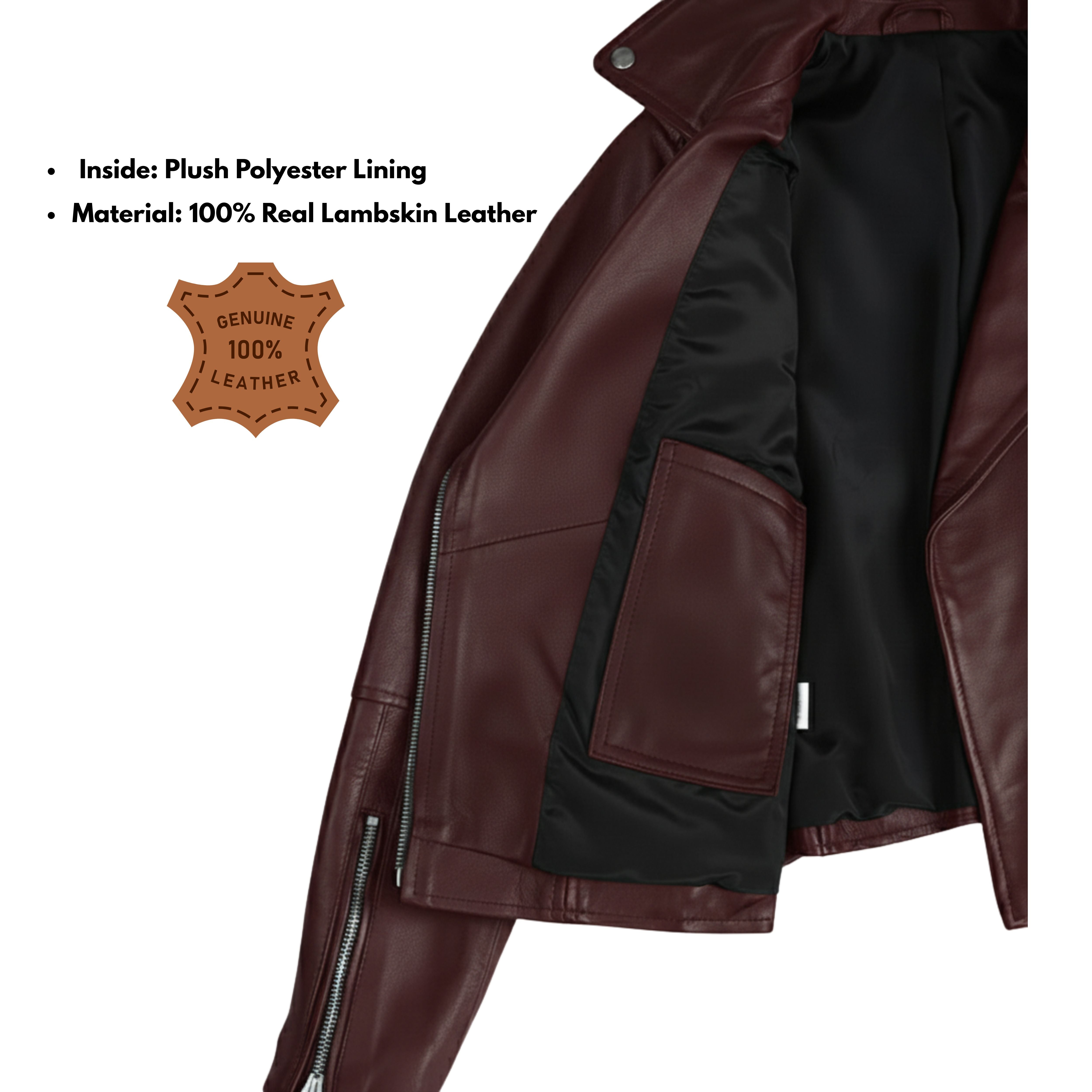 Women’s Burgundy Lambskin Leather Biker Jacket – Belted Moto Style, Asymmetrical Zipper