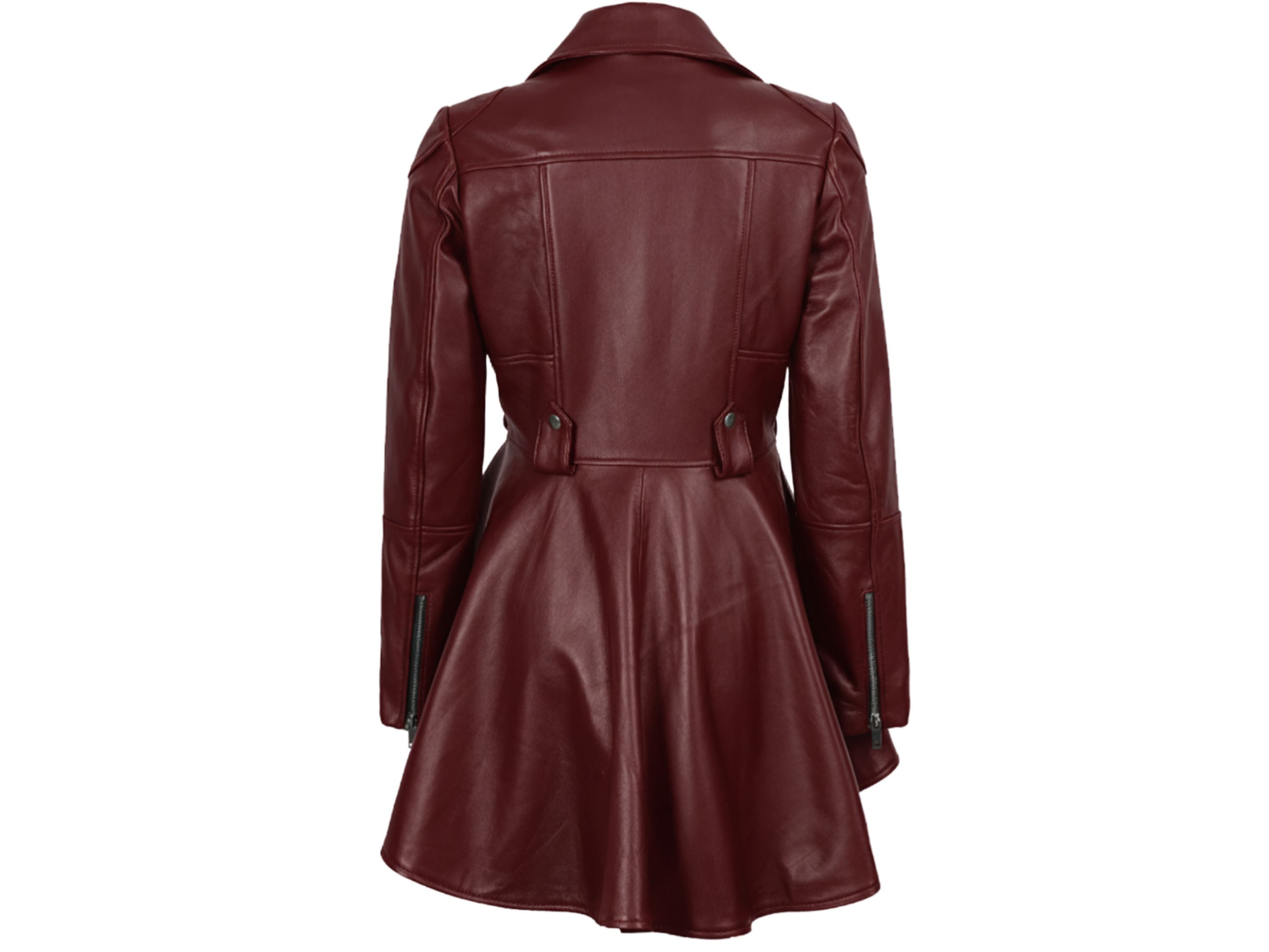 Women’s Real Lambskin Leather Peplum Jacket – Red Wine Frock Style, Asymmetrical Zip