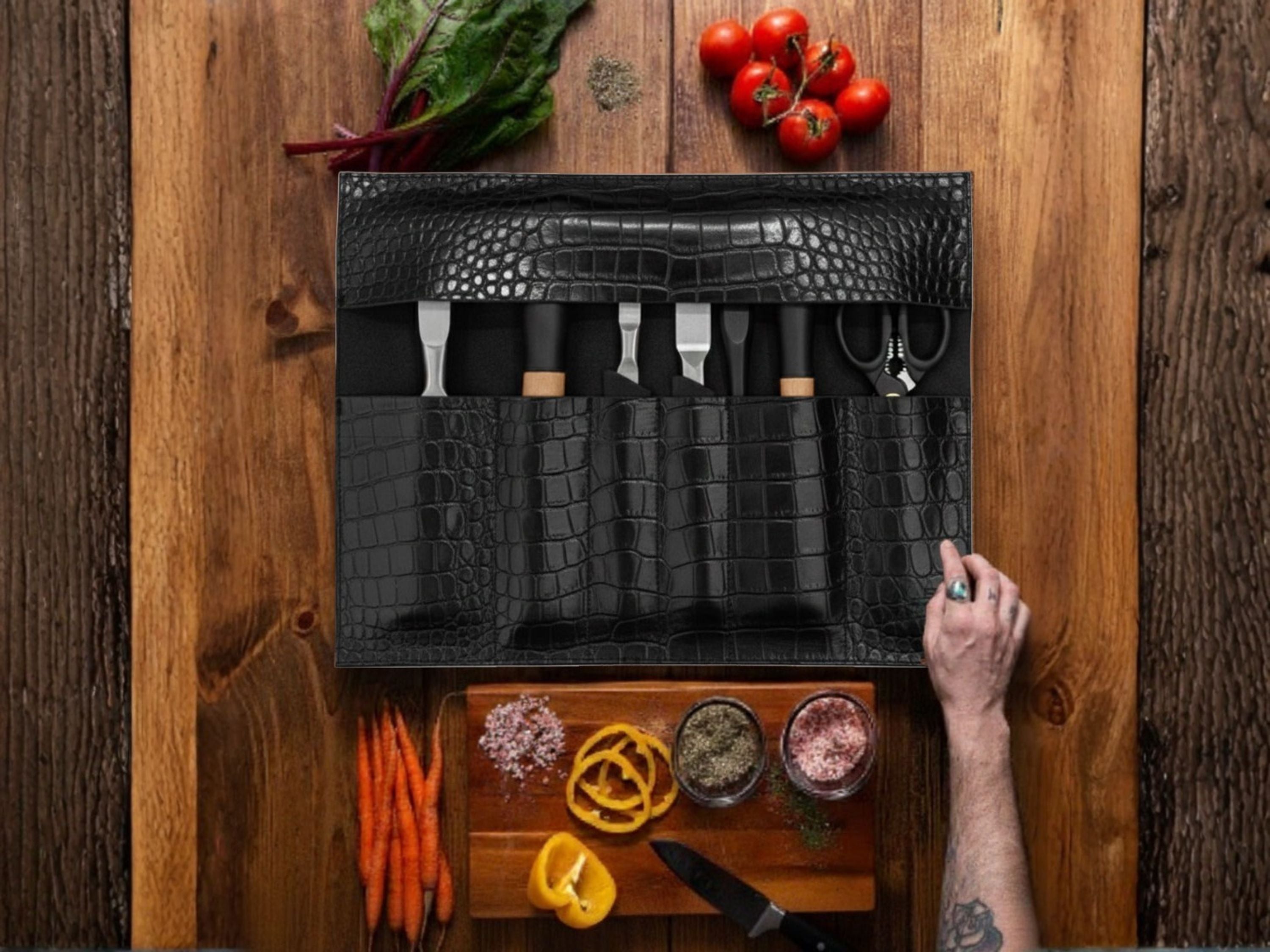 Premium Crocodile embossed Leather Knife Roll – 6-Slot Chef Knife Bag for Cooking Tools, Cutlery & Utensils | Portable Knife Storage for Chefs, BBQ & Culinary Students