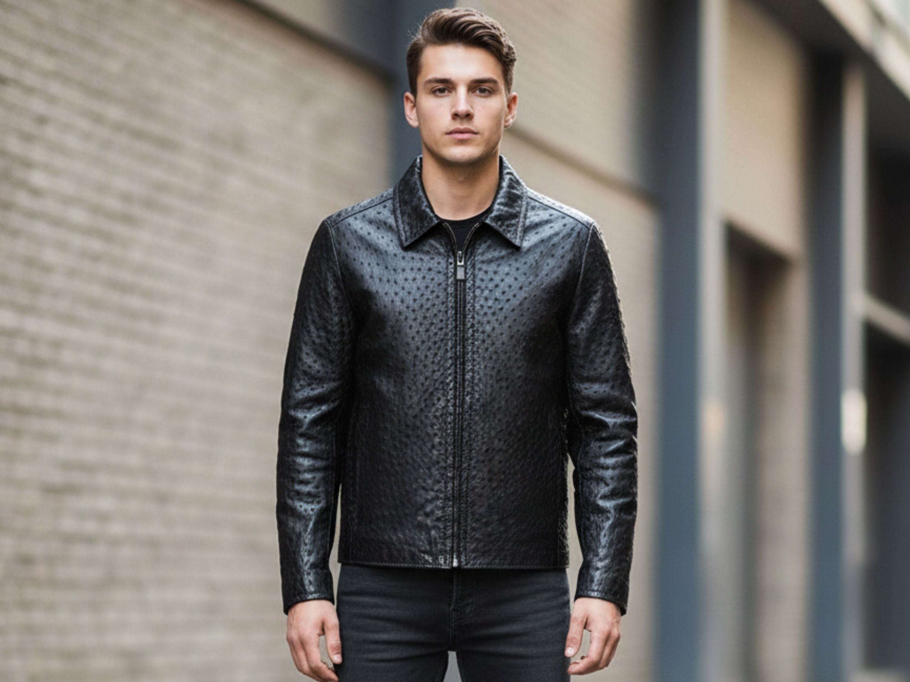 Real Ostrich-Pattern Leather Men’s Black Biker Jacket – Handmade Cowhide Motorcycle Coat