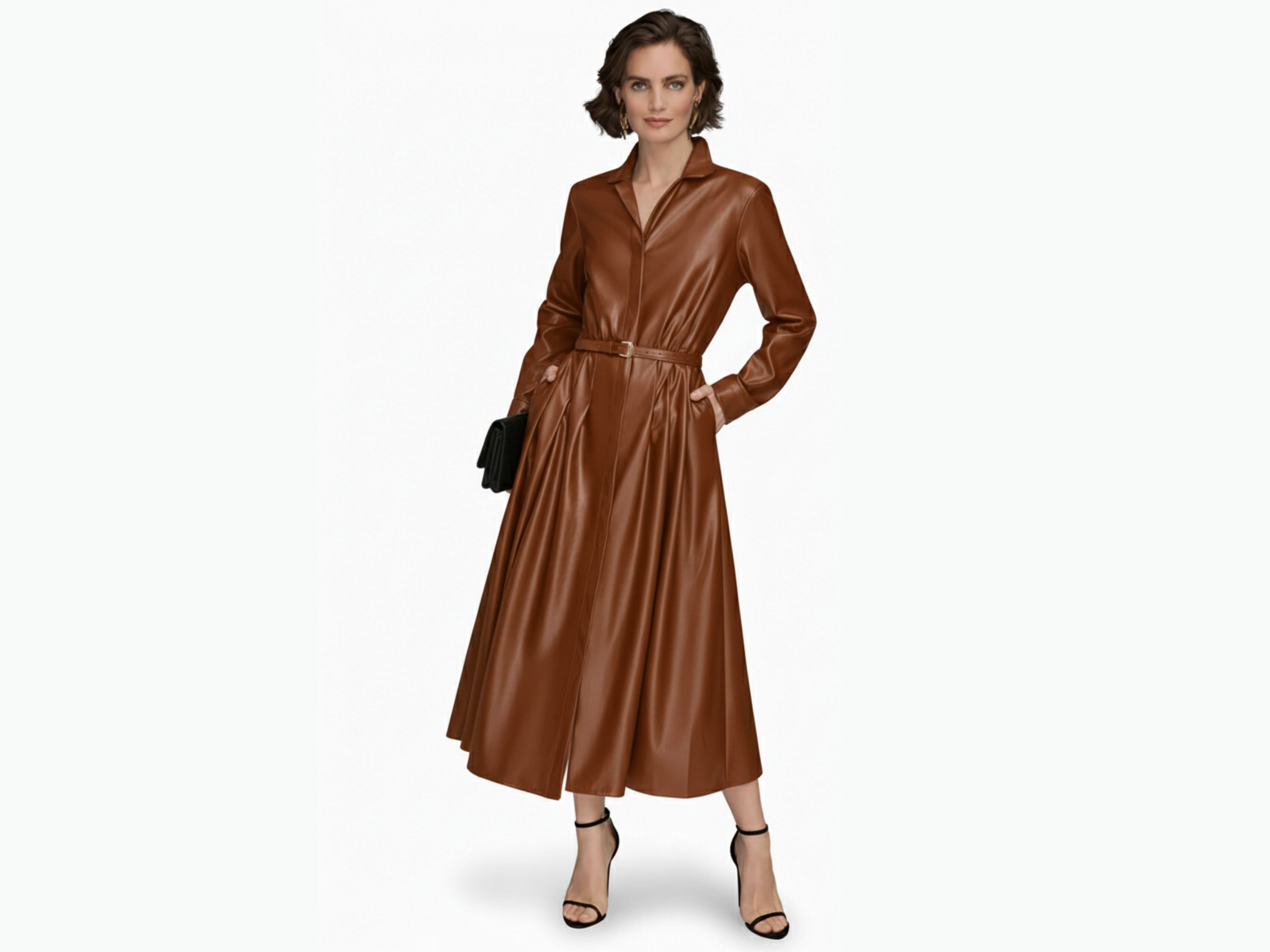 Leather Midi Shirt Dress – Black & Brown | Unique Women Style | Fall Style Gifts | Luxury Leather Anniversary Gifts for Her