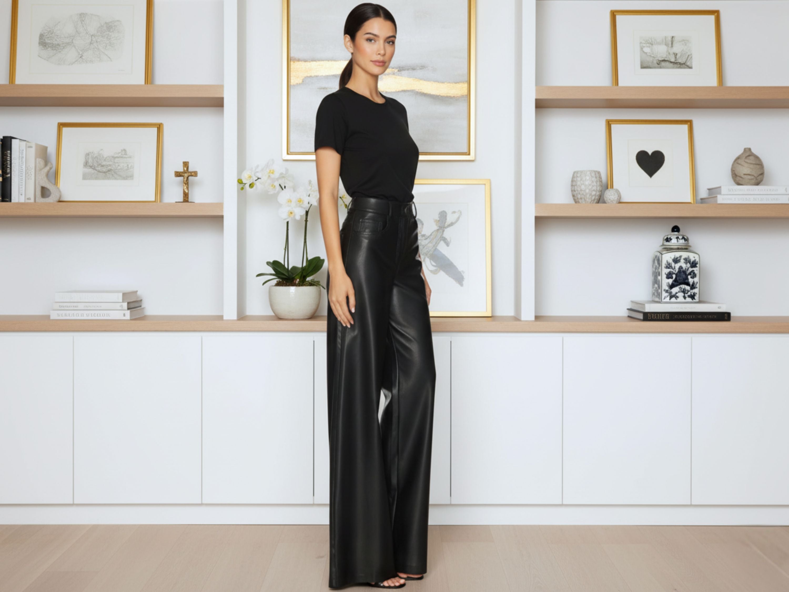Women Wide Leg Real Leather Pant in Black Luxury Outfit