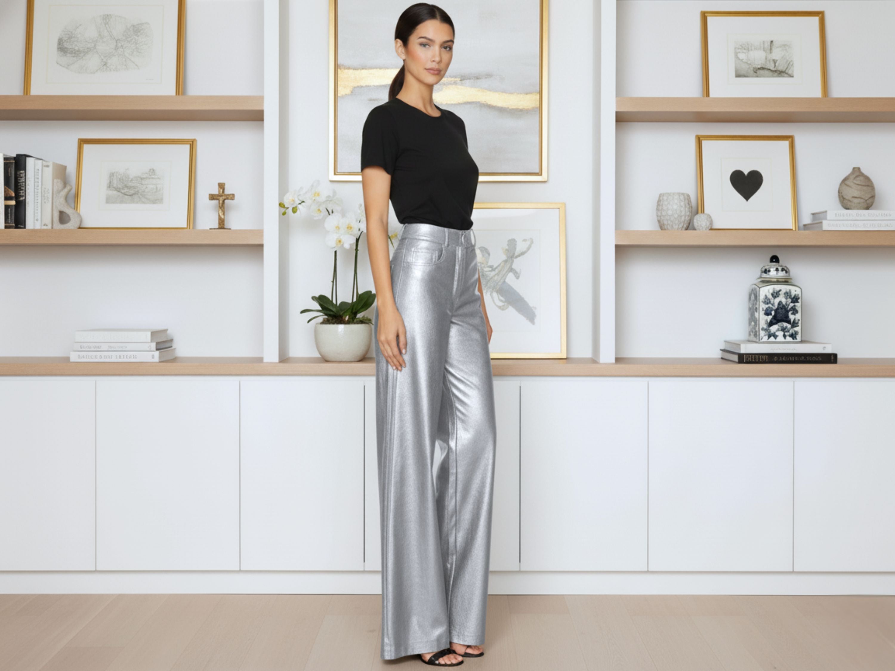 Women Wide Leg Real Leather Pant in Metallic Silver – Luxury Statement Outfit