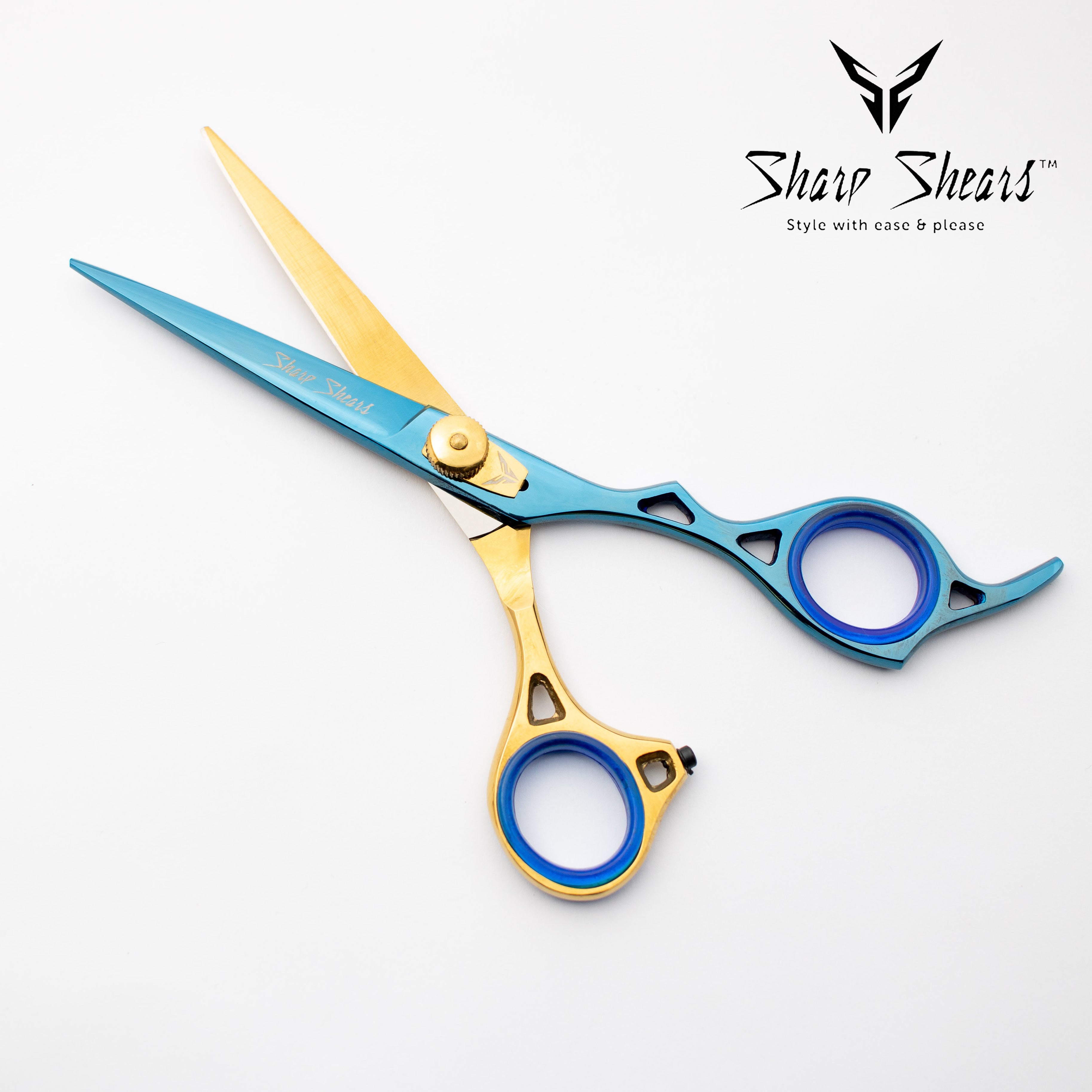 Blue and gold scissors with 'Sharp Shears' branding on a white background