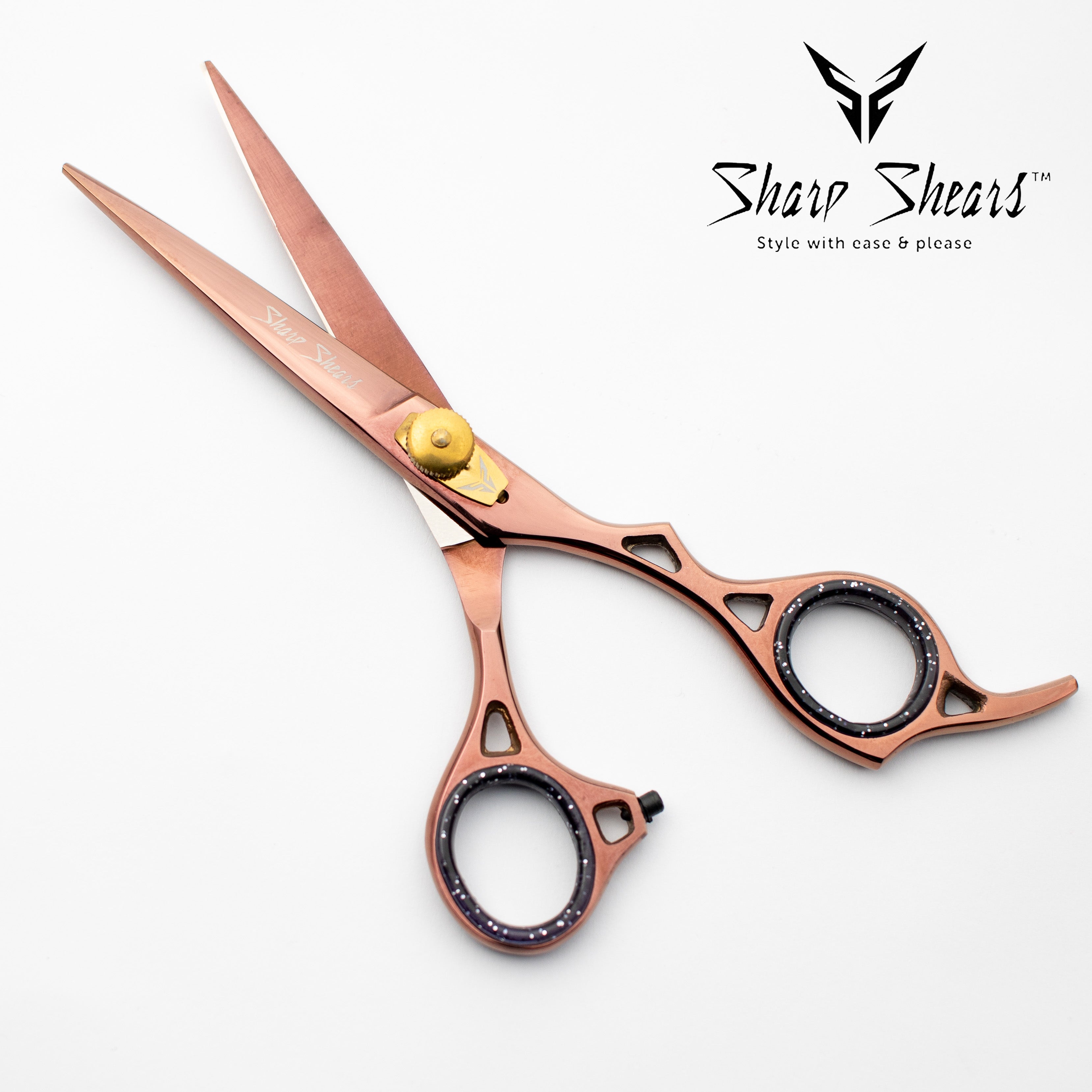 Rose gold scissors with black accents on a white background, branded 'Sharp Shears'.