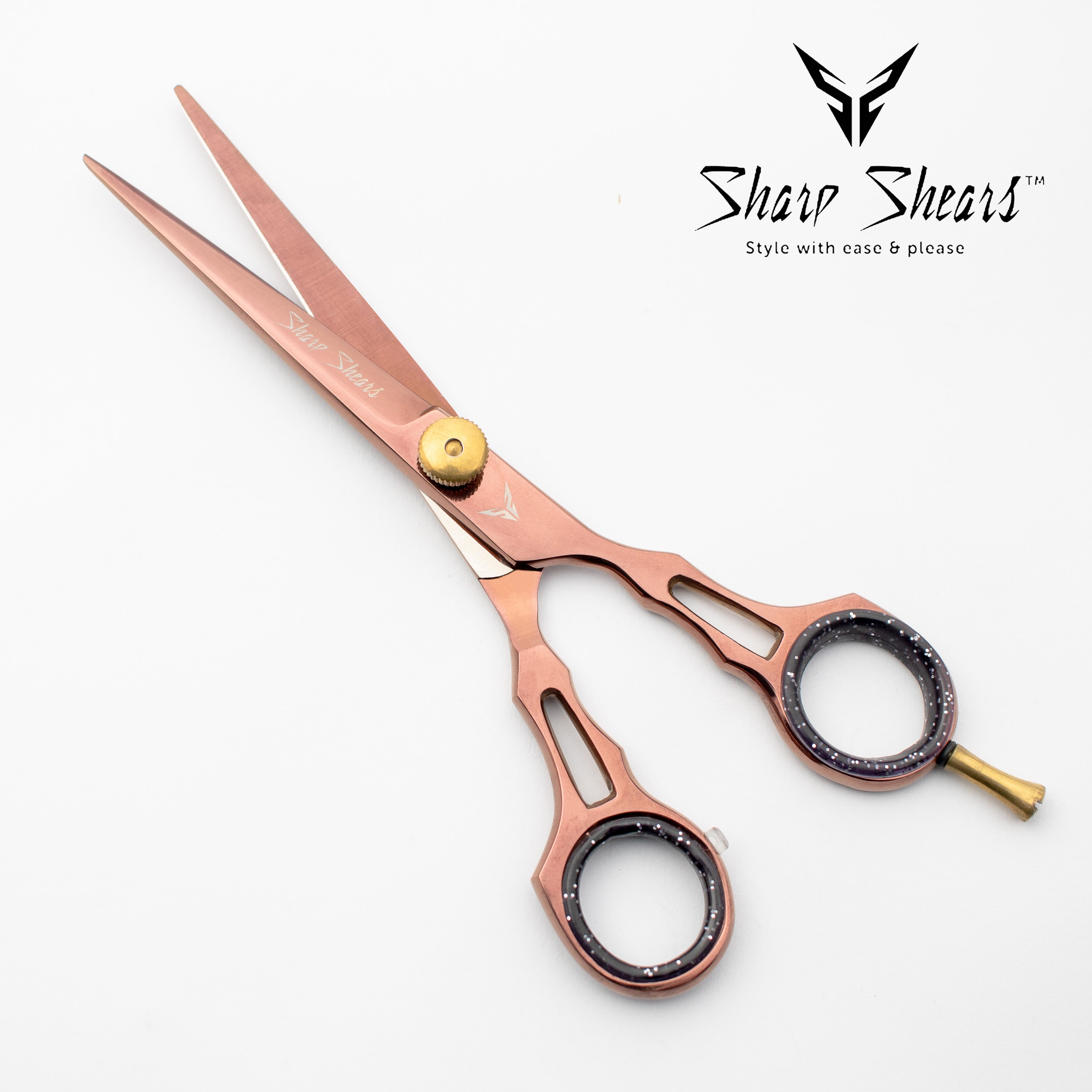 Rose gold scissors with black handles on a white background, branded 'Sharp Shears'.