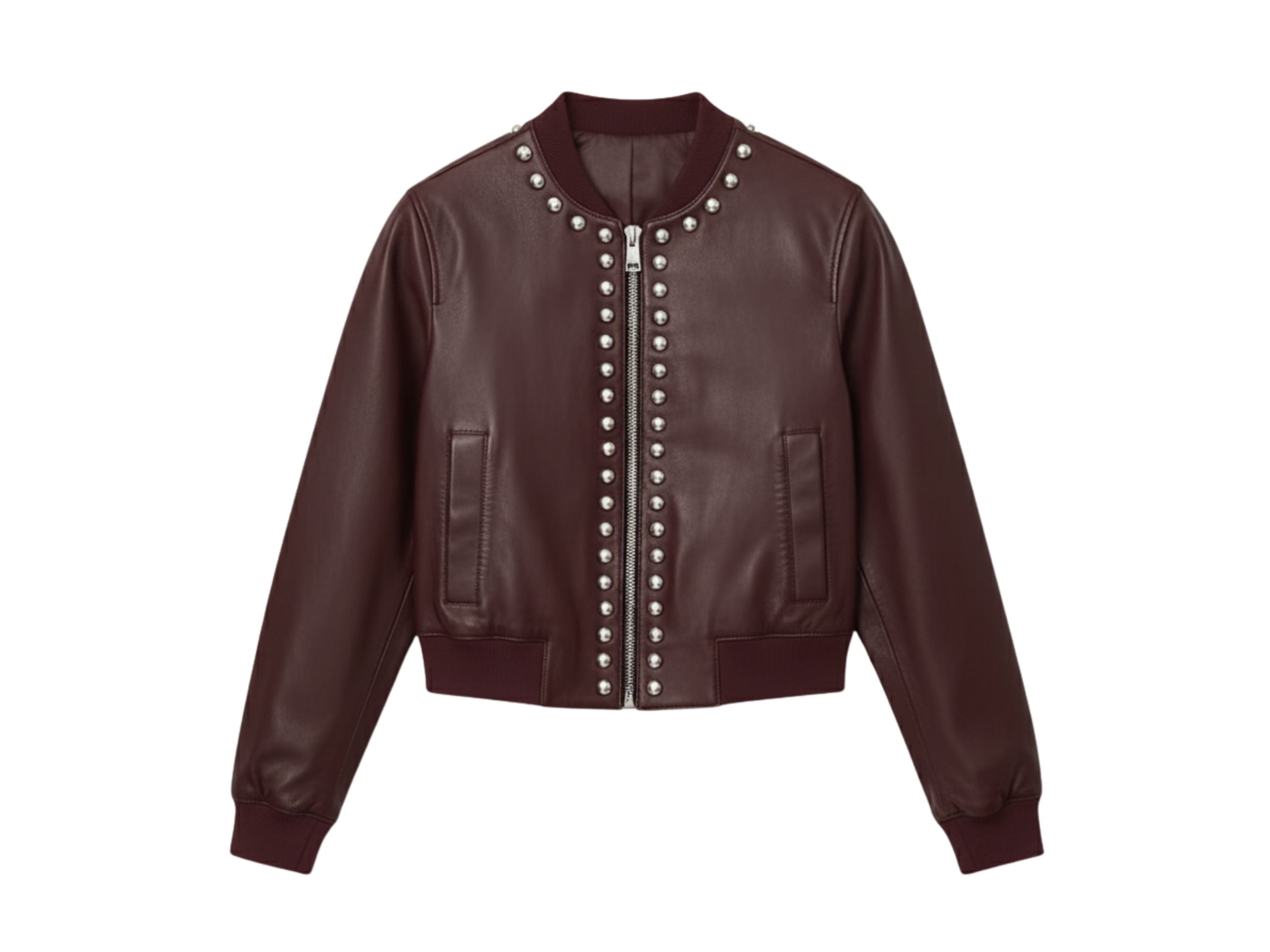 Leather Bomber Jacket for Women – Silver Studded Red, Black & Burgundy Jackets | Luxury Winter Outfit & Boss Lady Gift by Eighty Seven Groups
