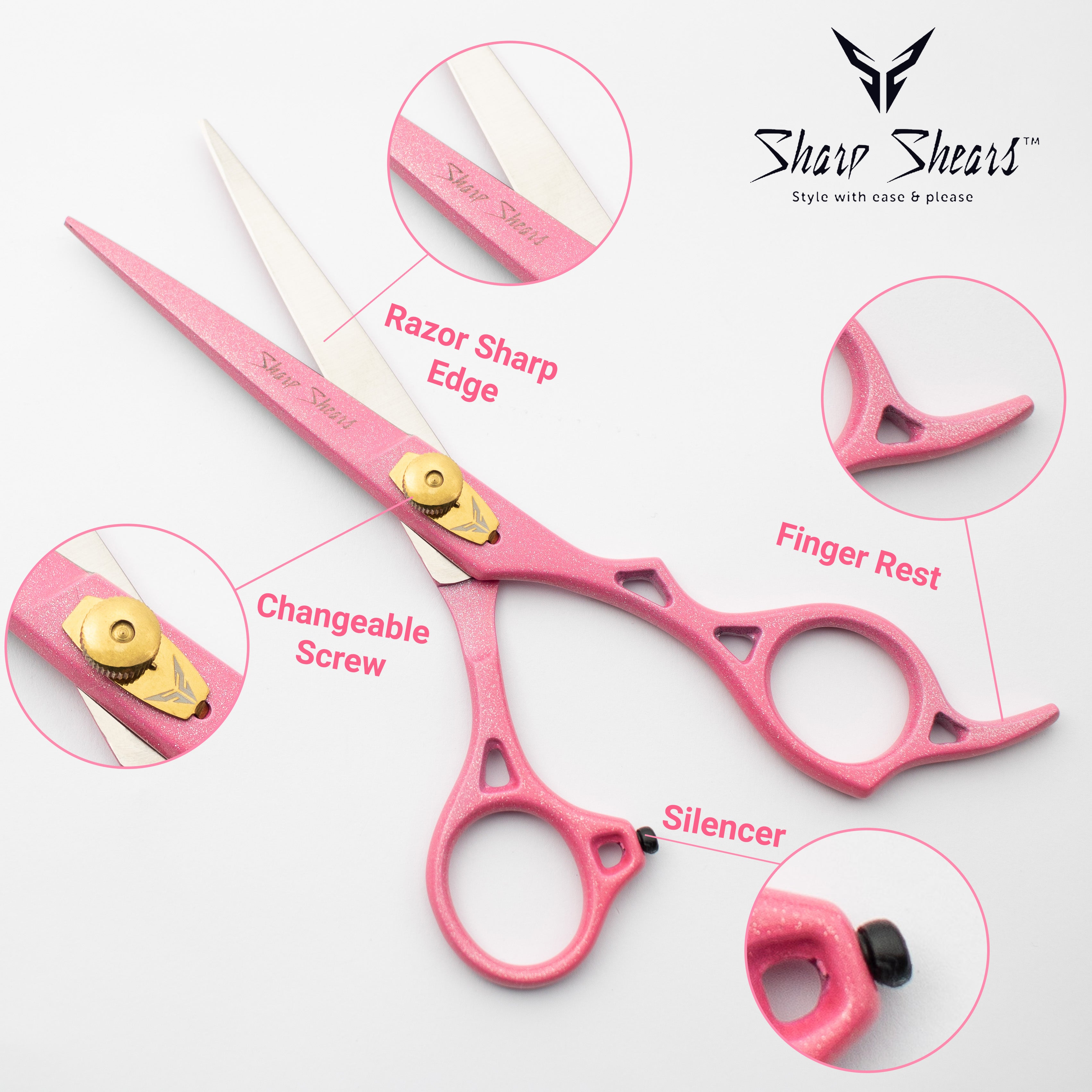 Pink scissors with labeled features on a white background, branded as 'Sharp Shears'.