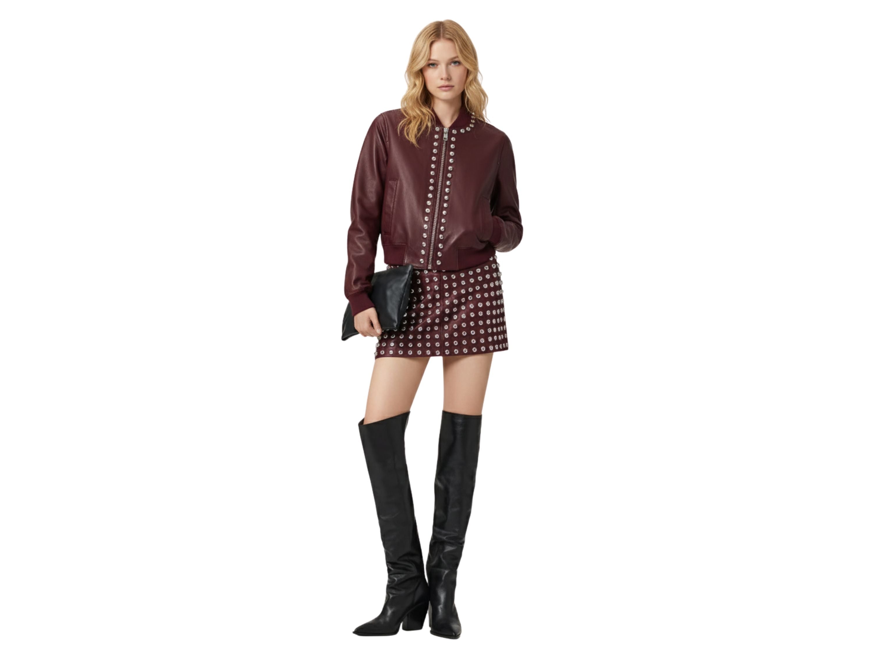 Leather Bomber Jacket for Women – Silver Studded Red, Black & Burgundy Jackets | Luxury Winter Outfit & Boss Lady Gift by Eighty Seven Groups