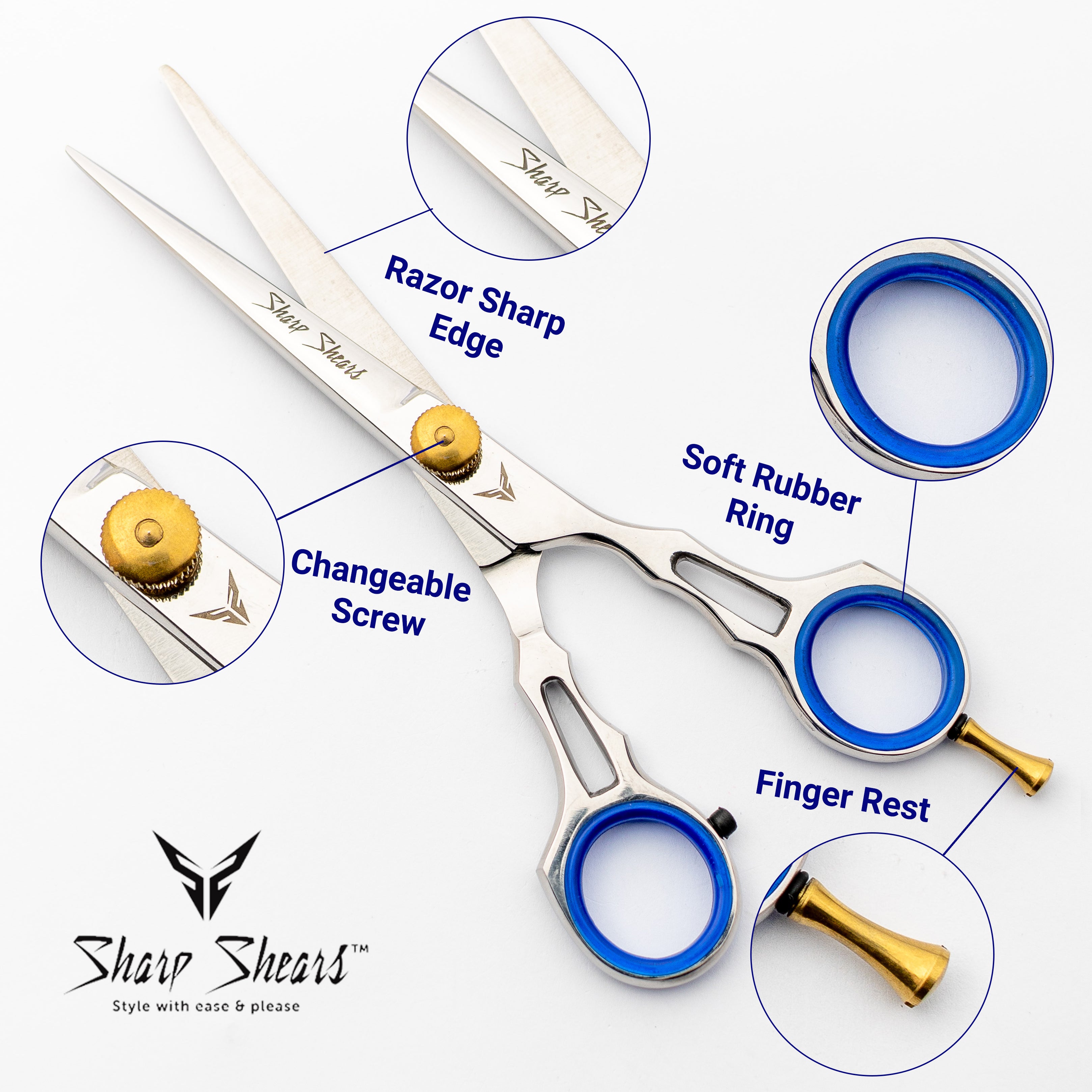 Sharp Shears scissors with labeled features on a white background