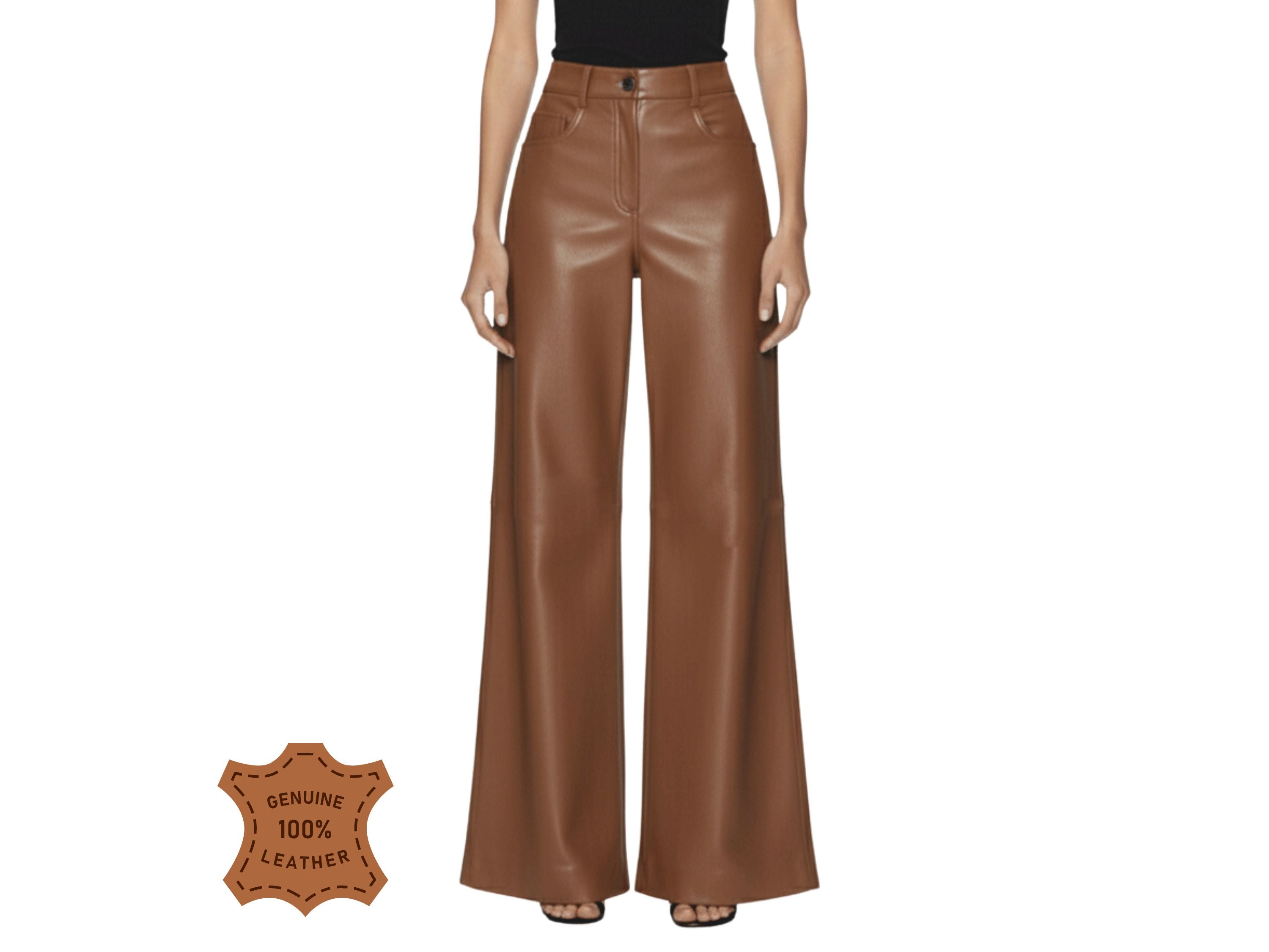 Women Wide Leg Real Leather Pant in Brown – Luxury Cowhide Leather Trousers
