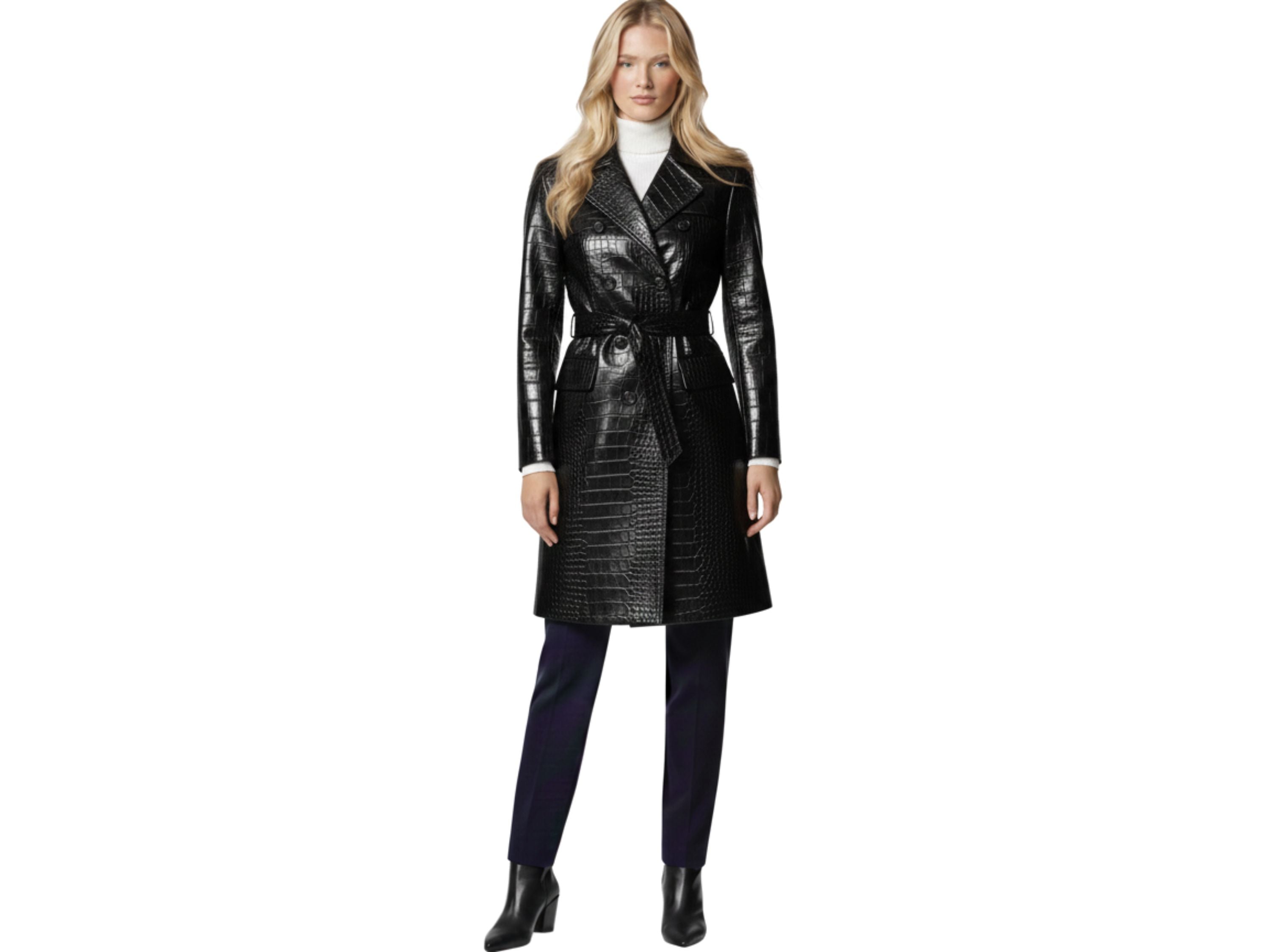 Black Crocodile Embossed Trench Coat for Women – Luxury Winter Clothing Office