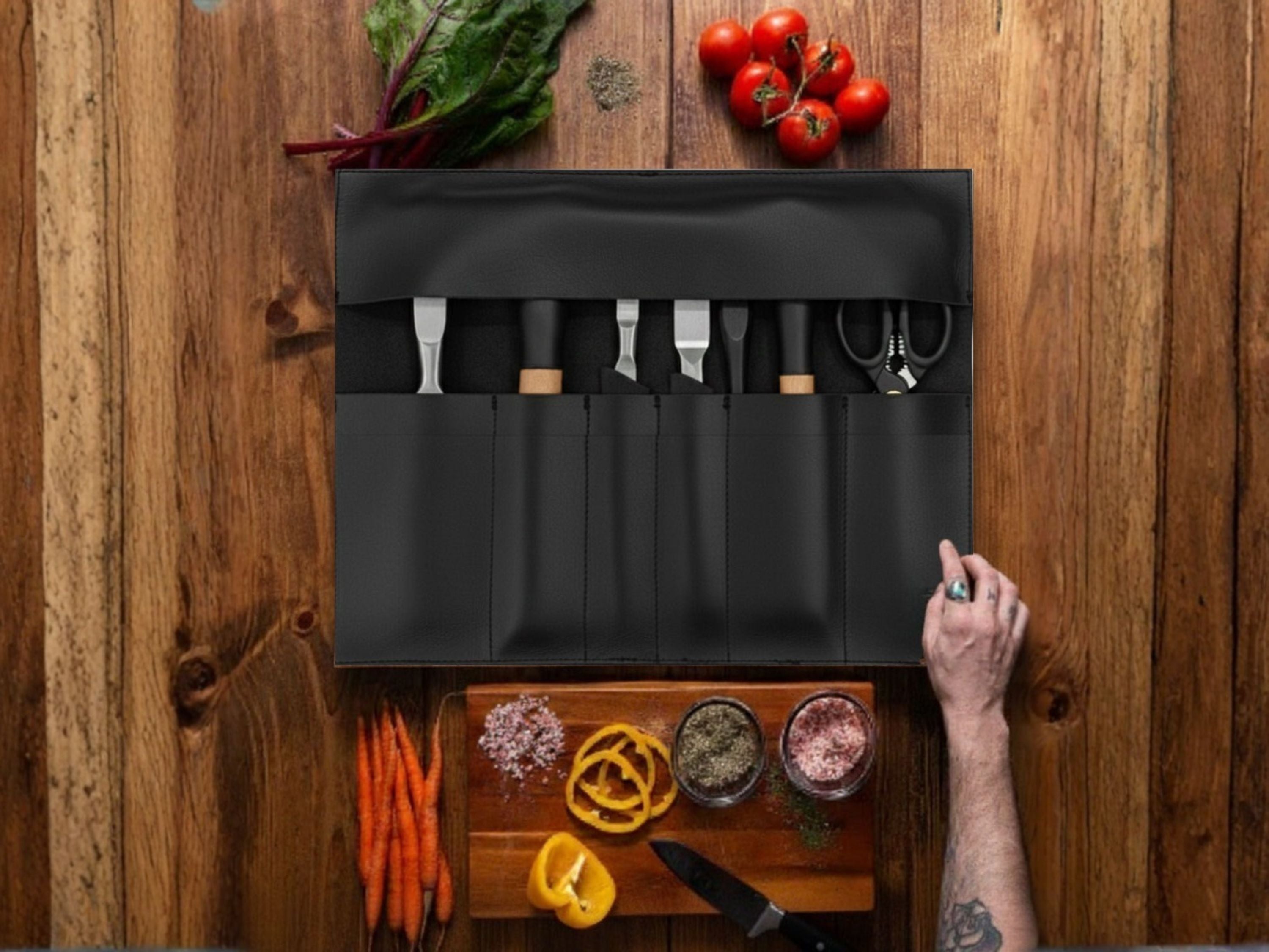 Black Premium Leather Knife Roll – 6 Slot Chef Knife Bag for Cutlery, Tools & Utensils | Professional Storage for Chefs & BBQ