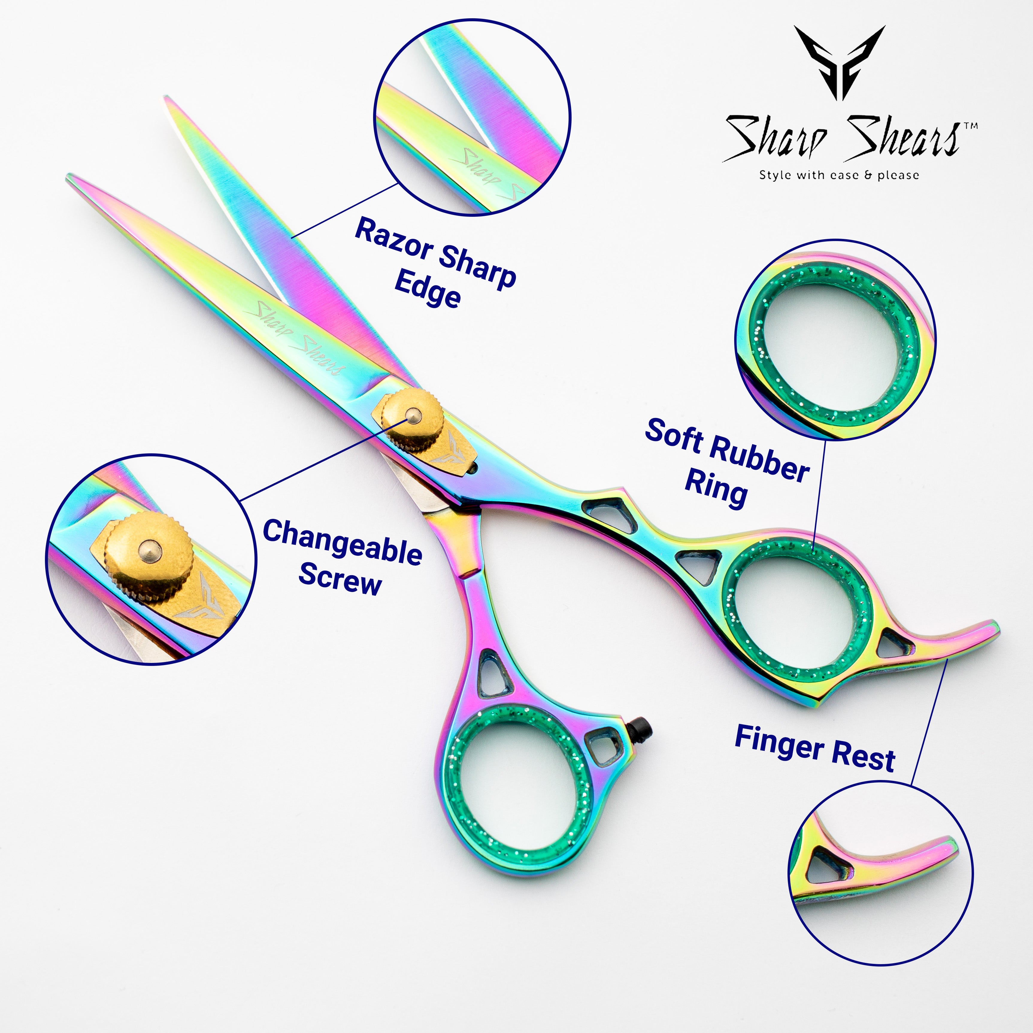 Colorful scissors with labeled features on a white background, branded 'Sharp Shears'.