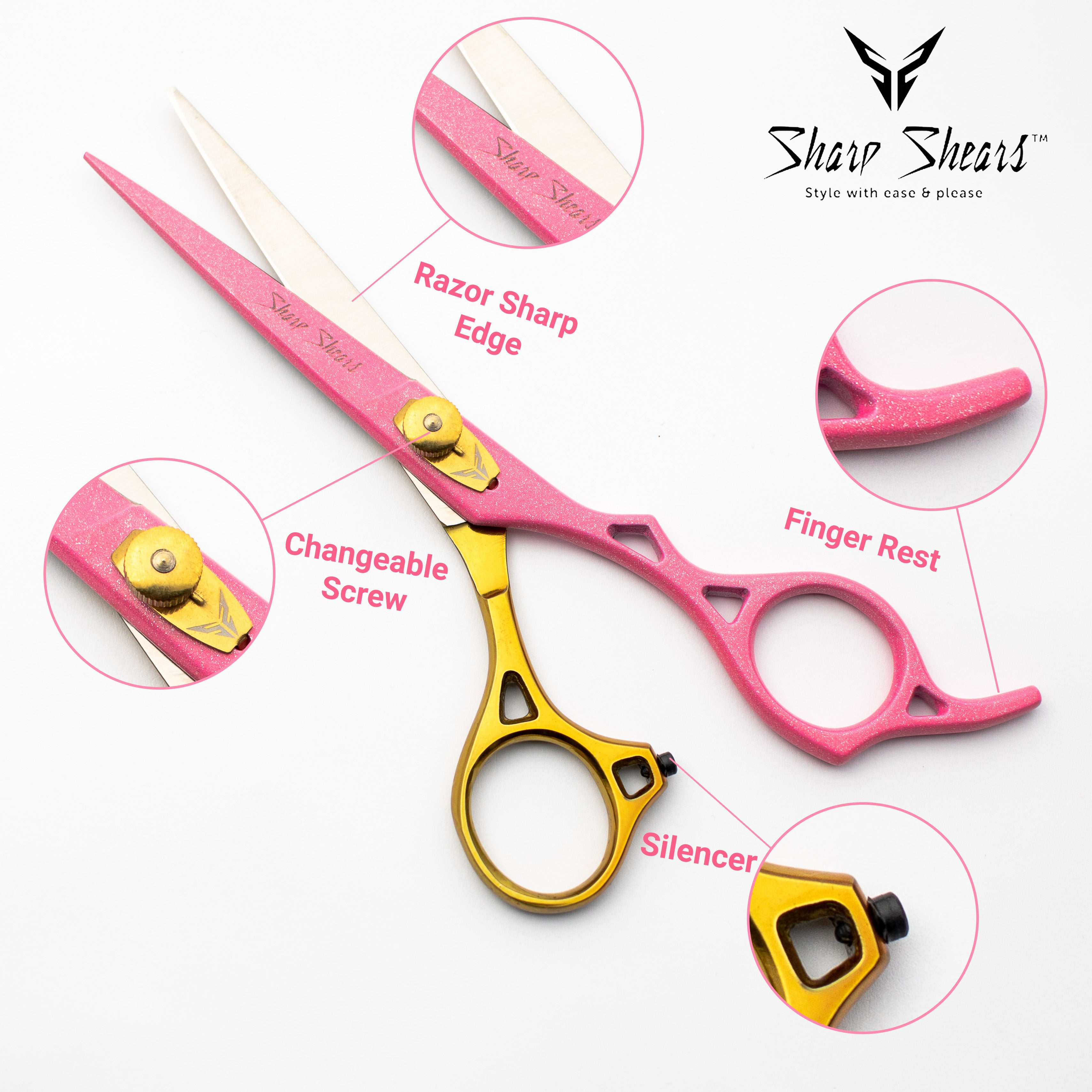 Pink and gold scissors with labeled features on a white background, branded 'Sharp Shears'.