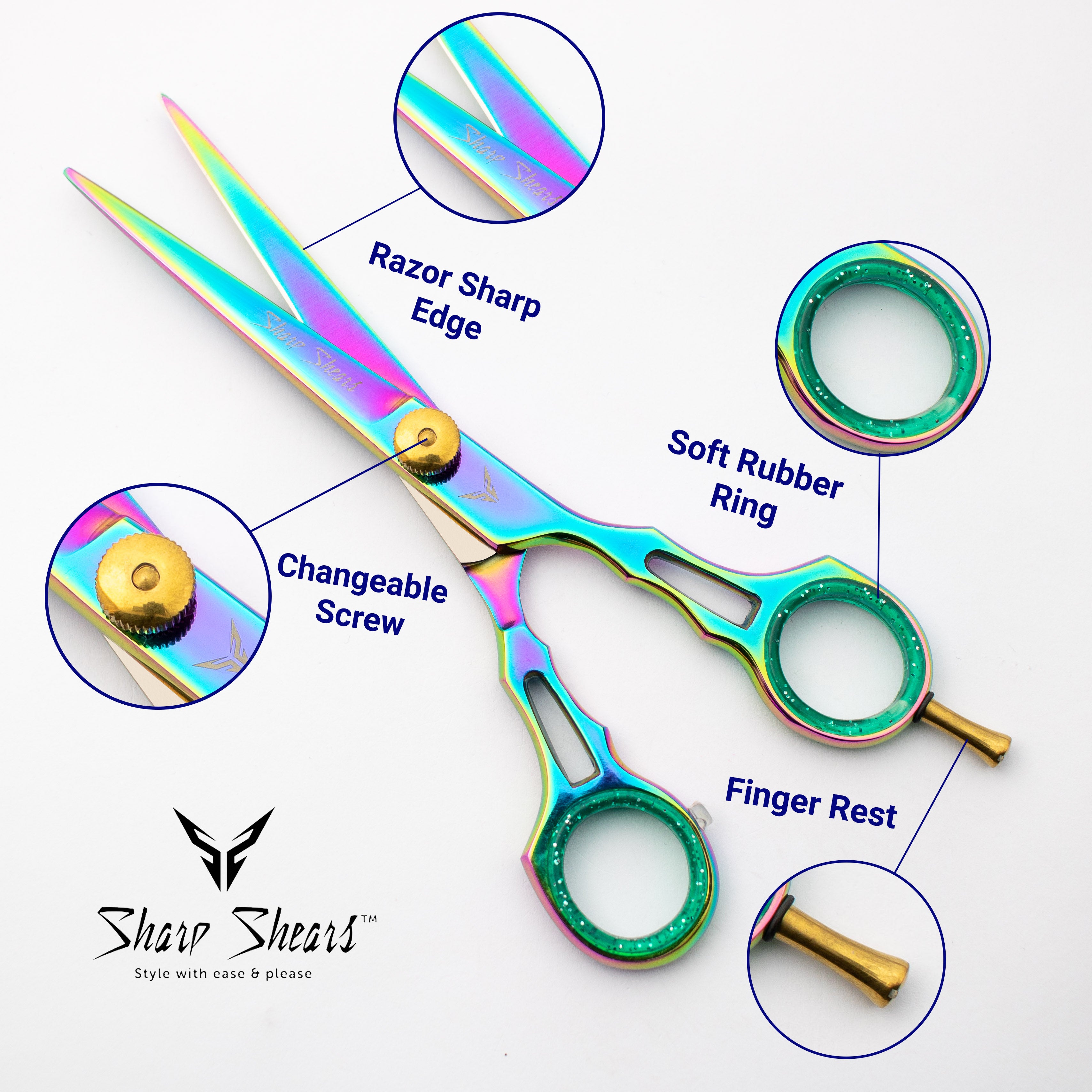 Colorful hair cutting shears with labeled features on a white background